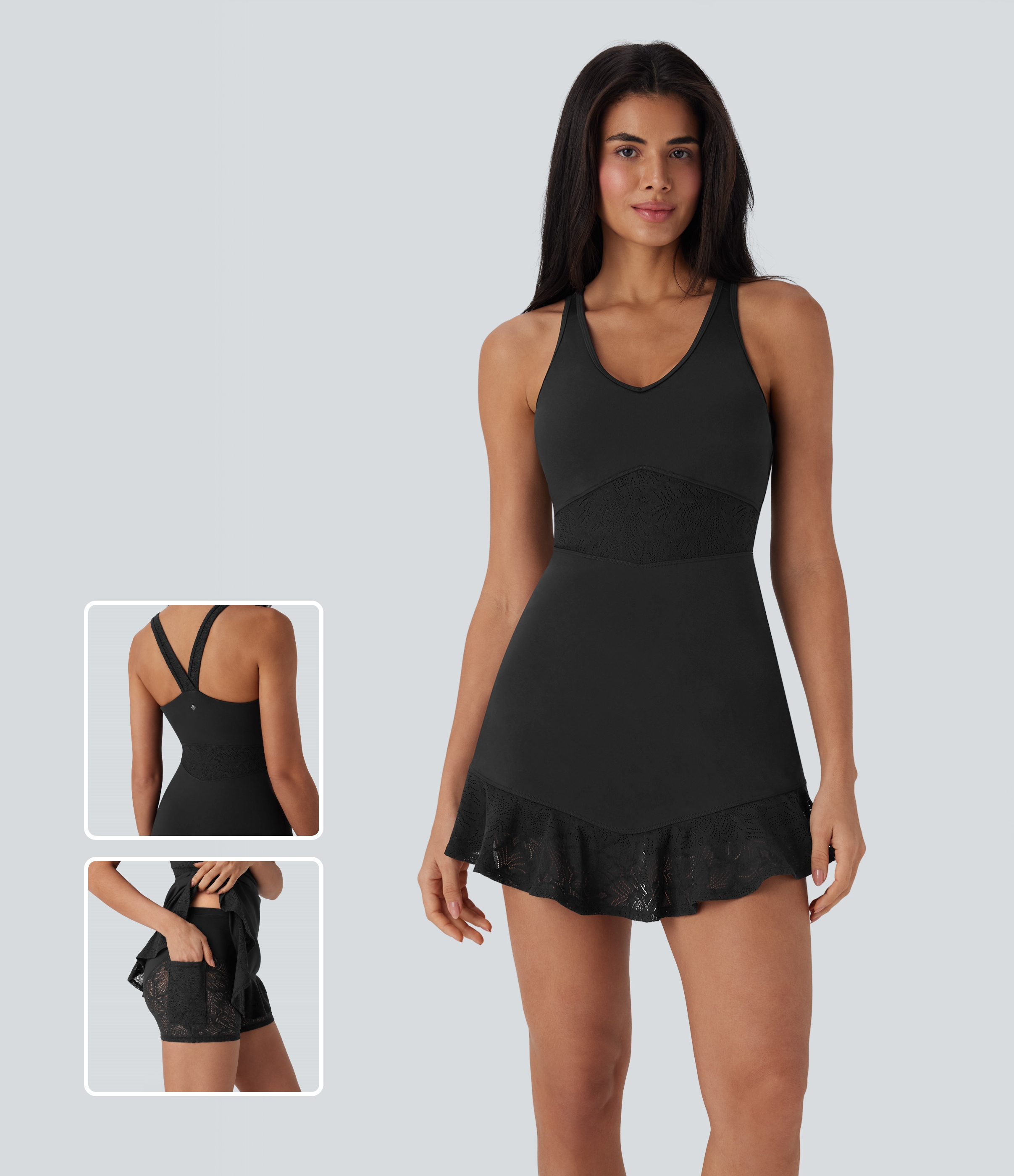 Robe de yoga courte et active 2 pièces SoftlyZero™ en dentelle contrastée avec poche