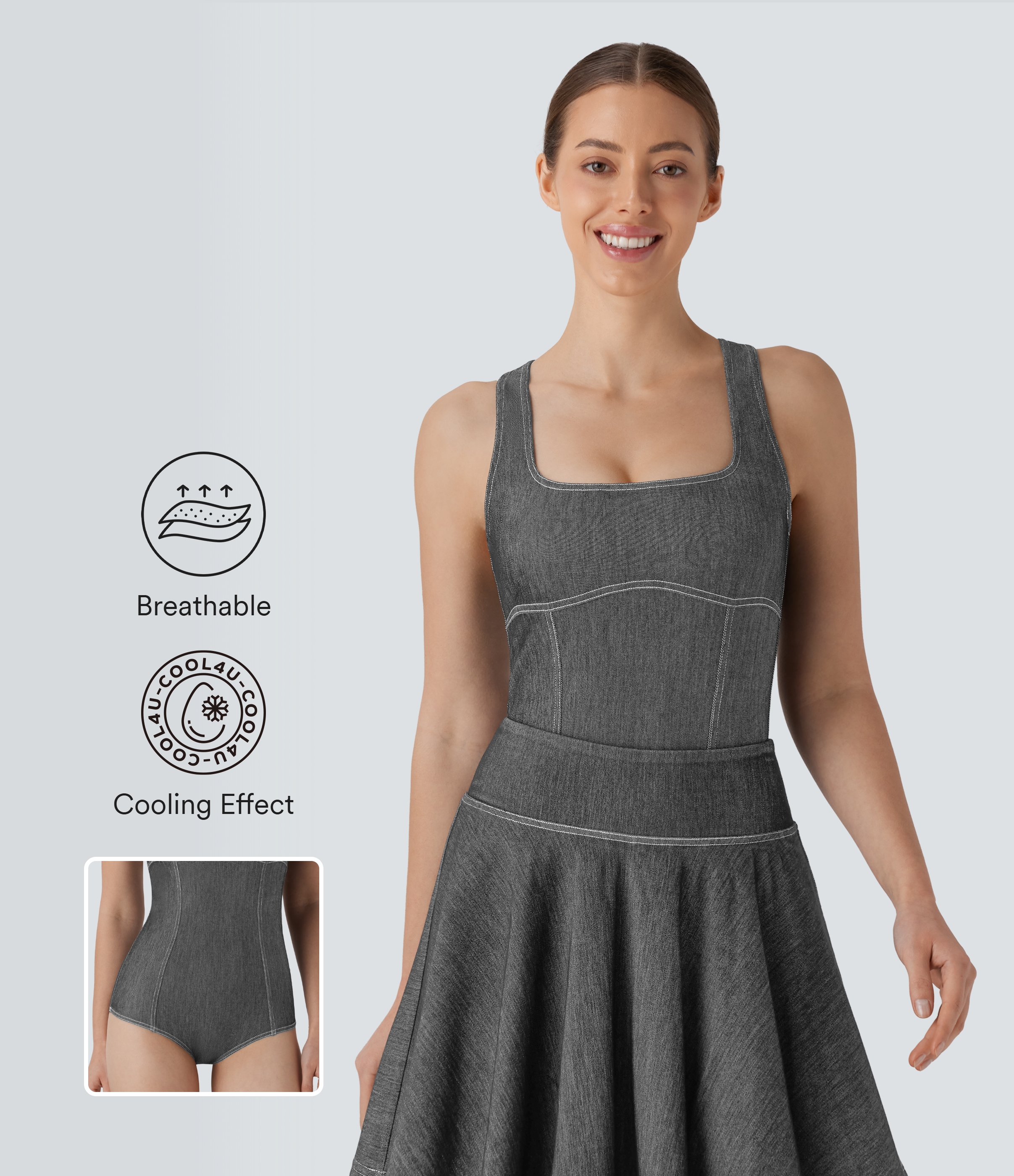 Meteorite Black Denim Halara Flex™ Square Neck Racerback InstantCool Washed Denim Tennis Bodysuit / 1