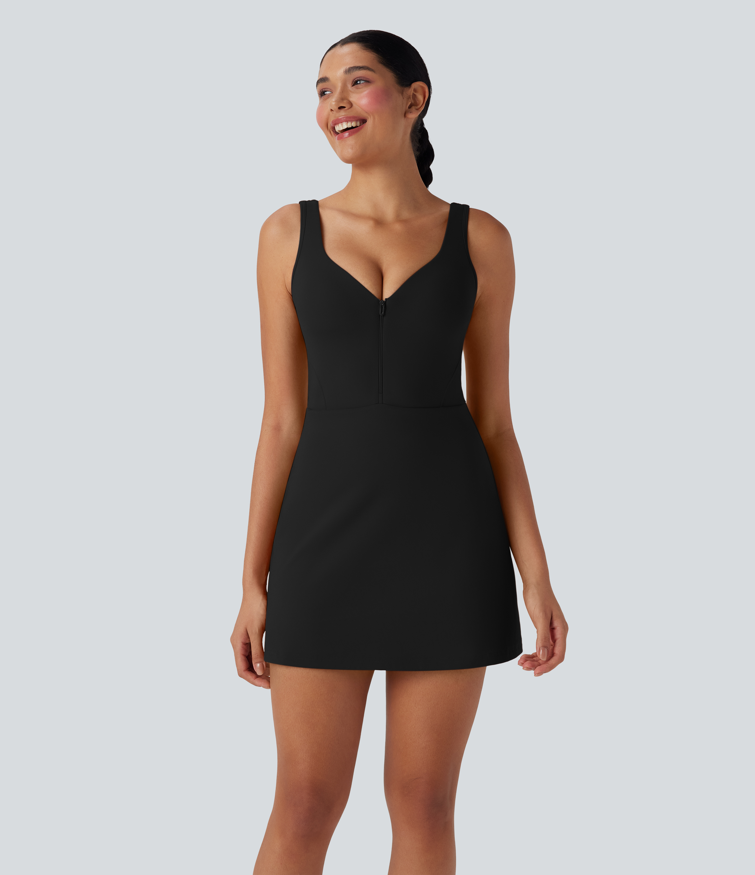 Black Softlyzero™ Plush Push-Up Molded Cups Zipper Adjustable Strap Backless 2-in-1 Yoga Active Dress with Pockets-Easy Peezy / 1