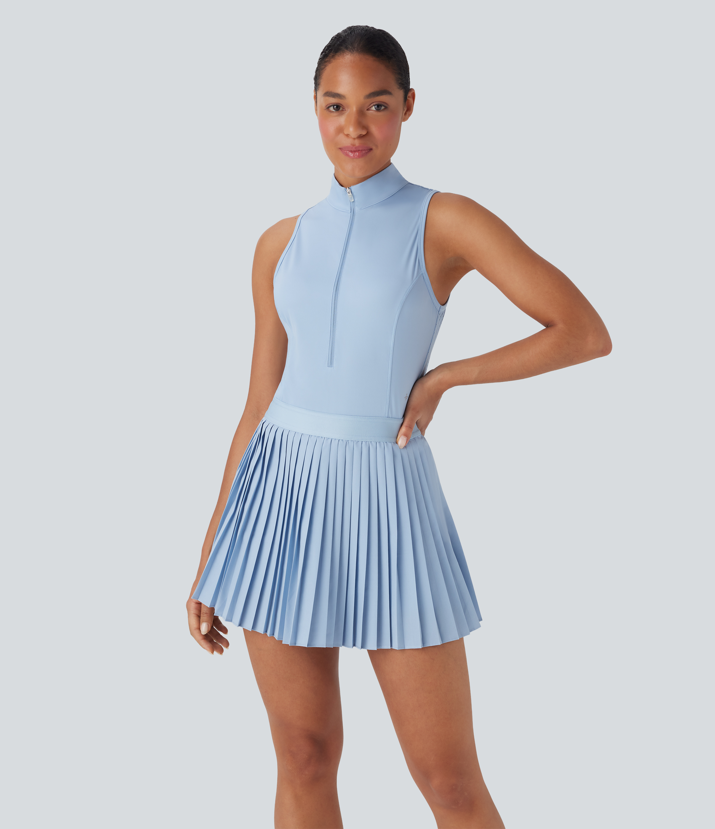Thin Ice Blue Breezeful™ Sleeveless Cut Out 2-in-1 Pleated Quick Dry Mini Tennis Active Dress with Pockets / 2