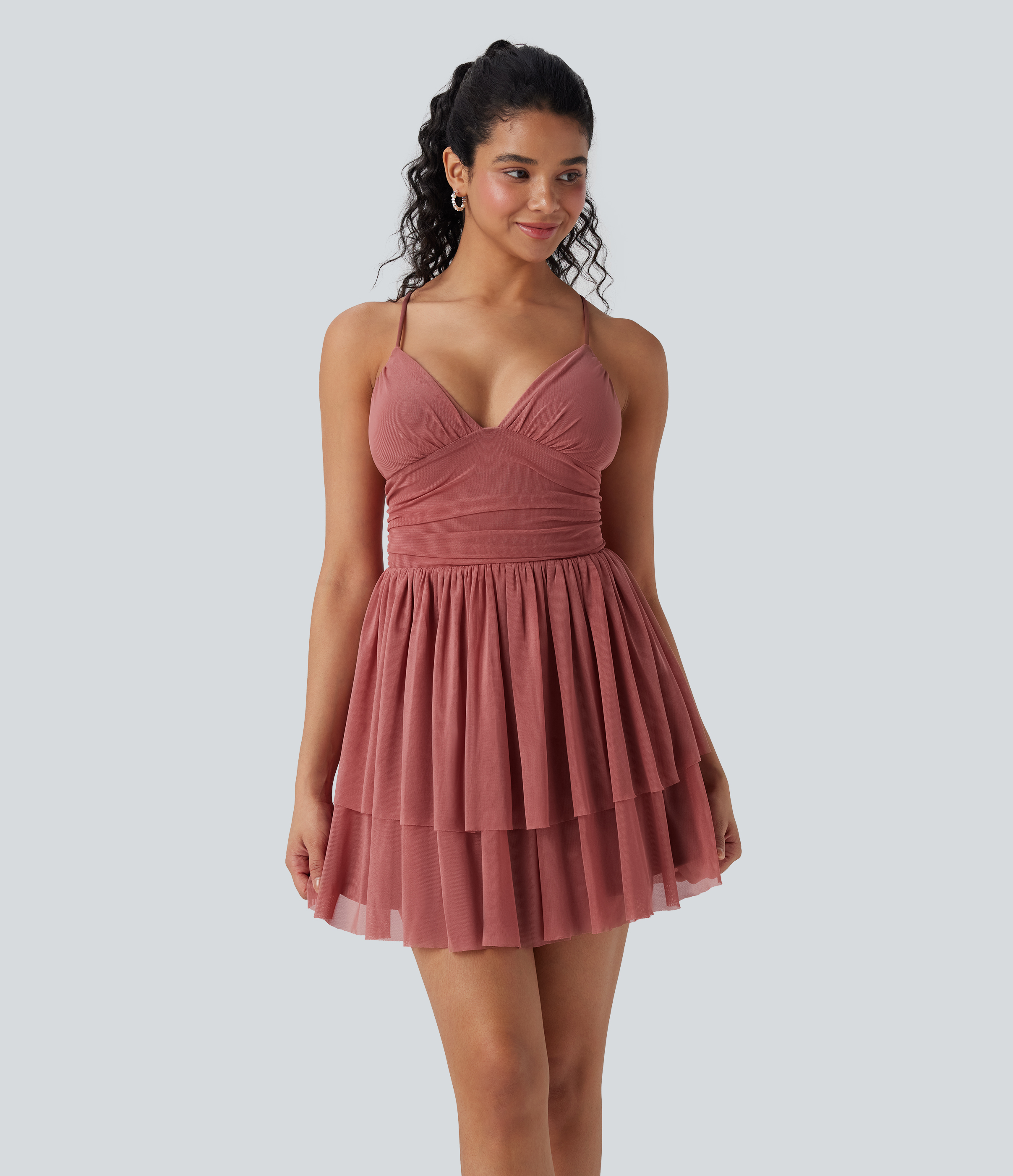 Lace Up Mesh Layered Mini Dress