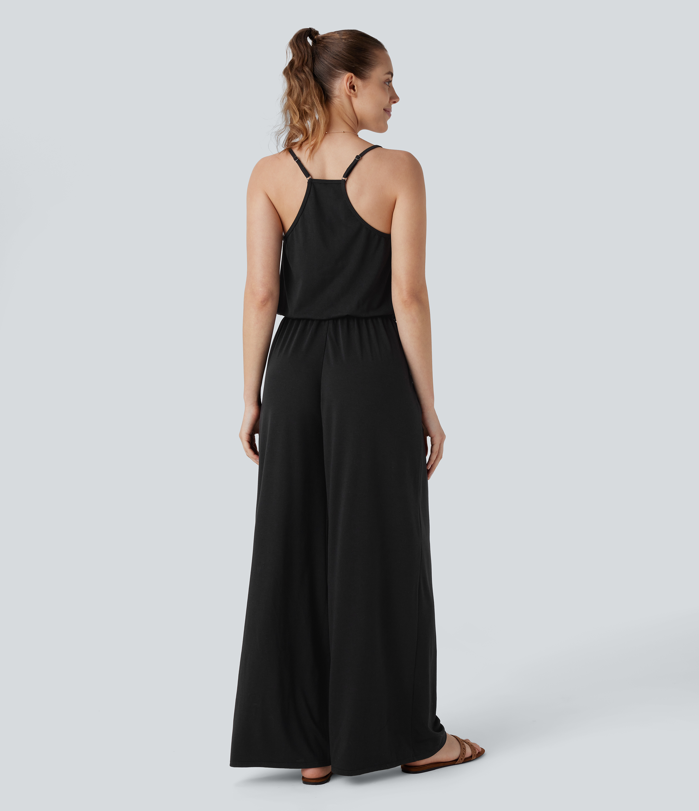 Svart Justerbar & avtagbar Stropp Lomme Vide Ben Jumpsuit / 2