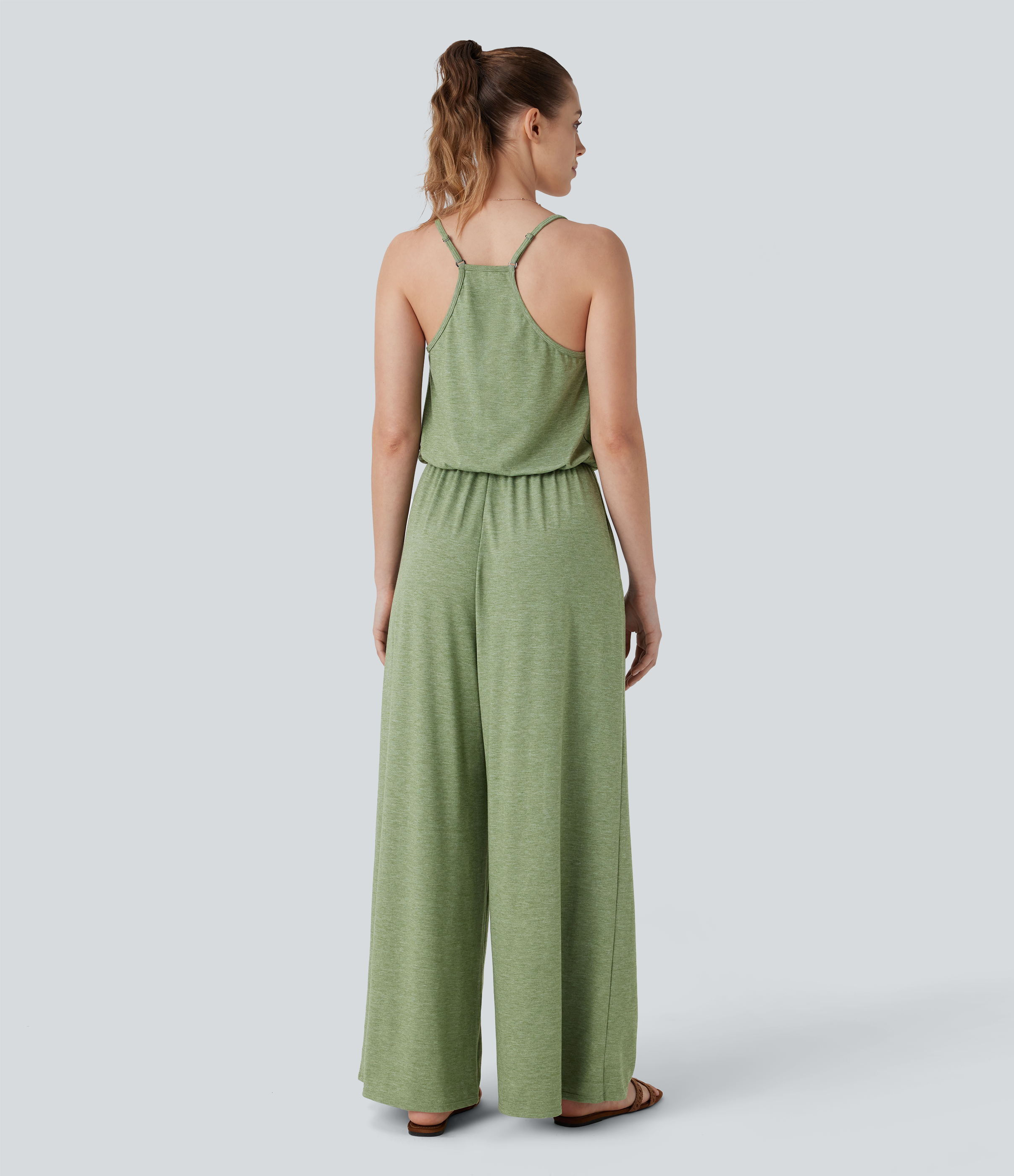 Light Green Floral Yarn Mono resort pierna ancha bolsillo lateral correa ajustable extraíble / 2