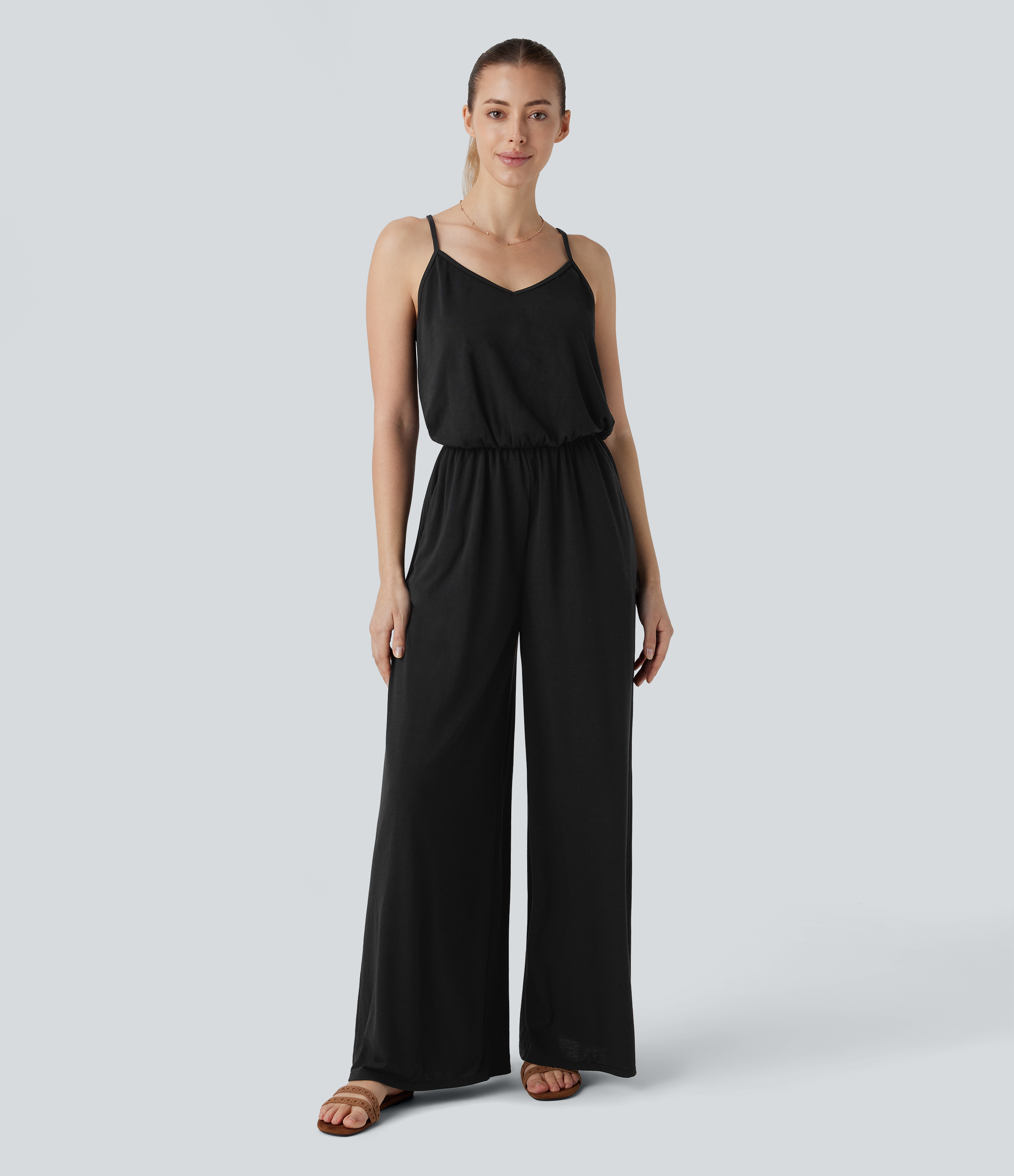 Svart Justerbar & avtagbar Stropp Lomme Vide Ben Jumpsuit / 1