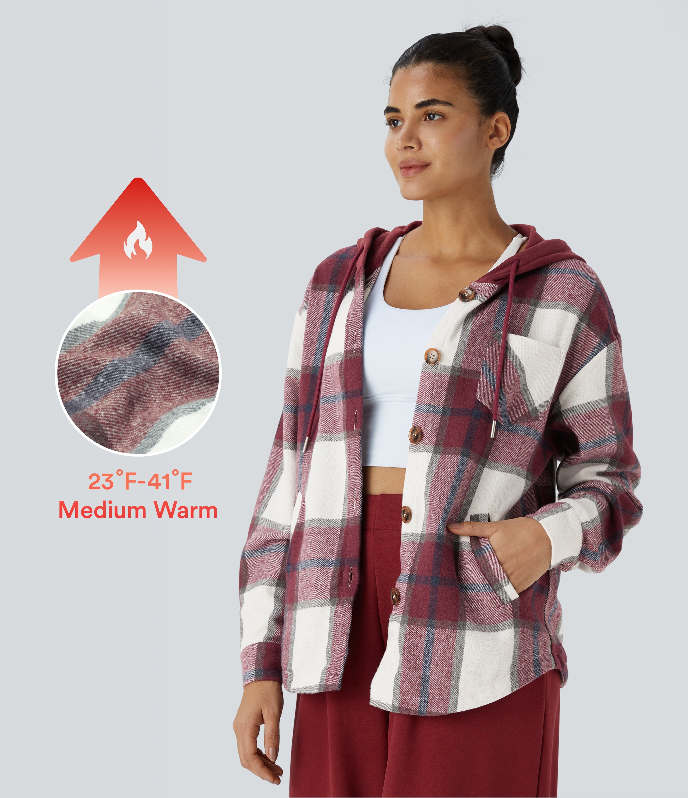 후드 드로우스트링 단추 사이드 포켓 체크무늬 써멀 캐주얼 재킷