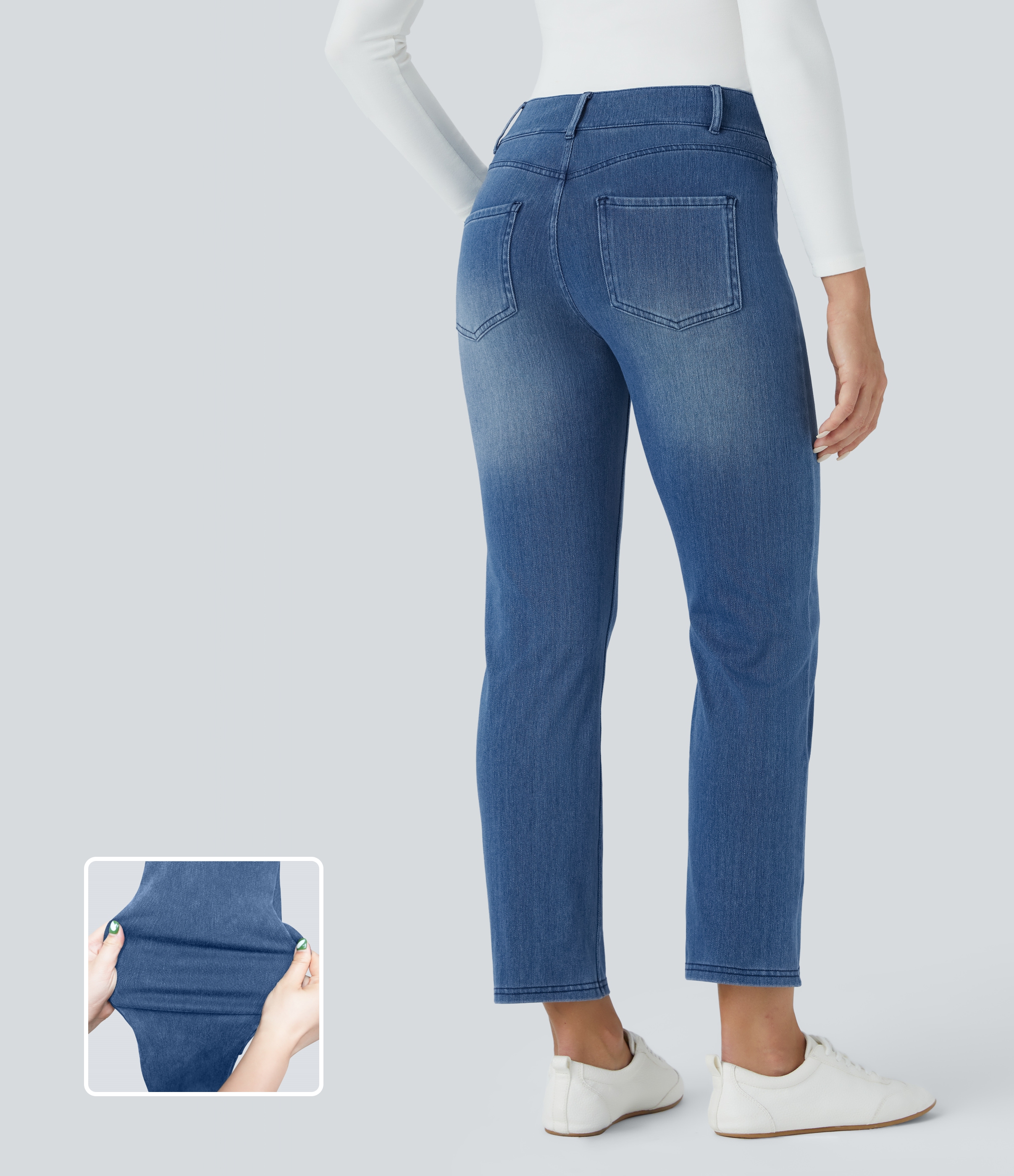 Halara Flex™ Mid-Rise Multiple-Pocket Straight-Leg Washed Stretchy Knit Work Jeans