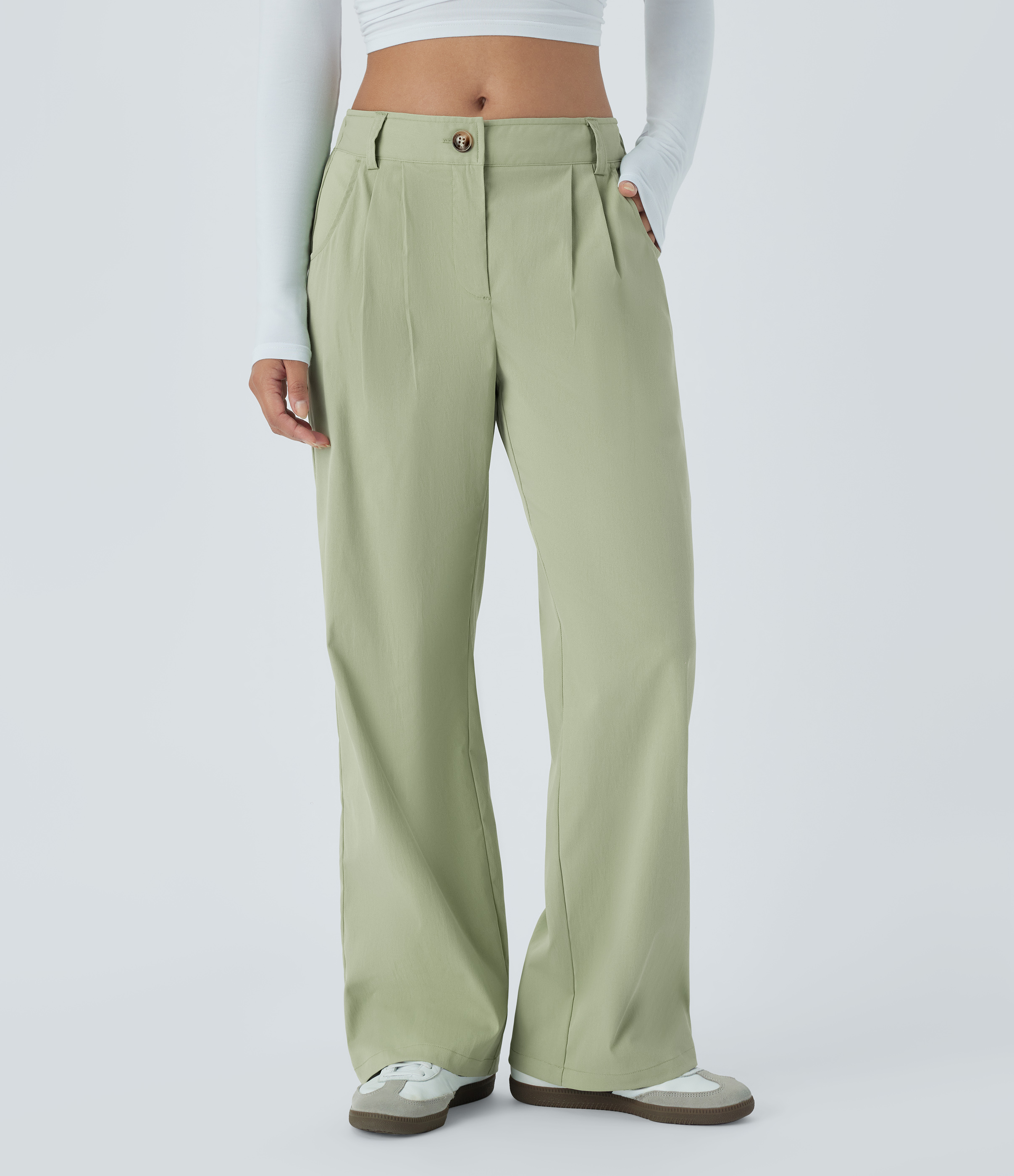 Lint Mid Rise Button Zipper Side Pocket Straight Leg Casual Trousers / 1