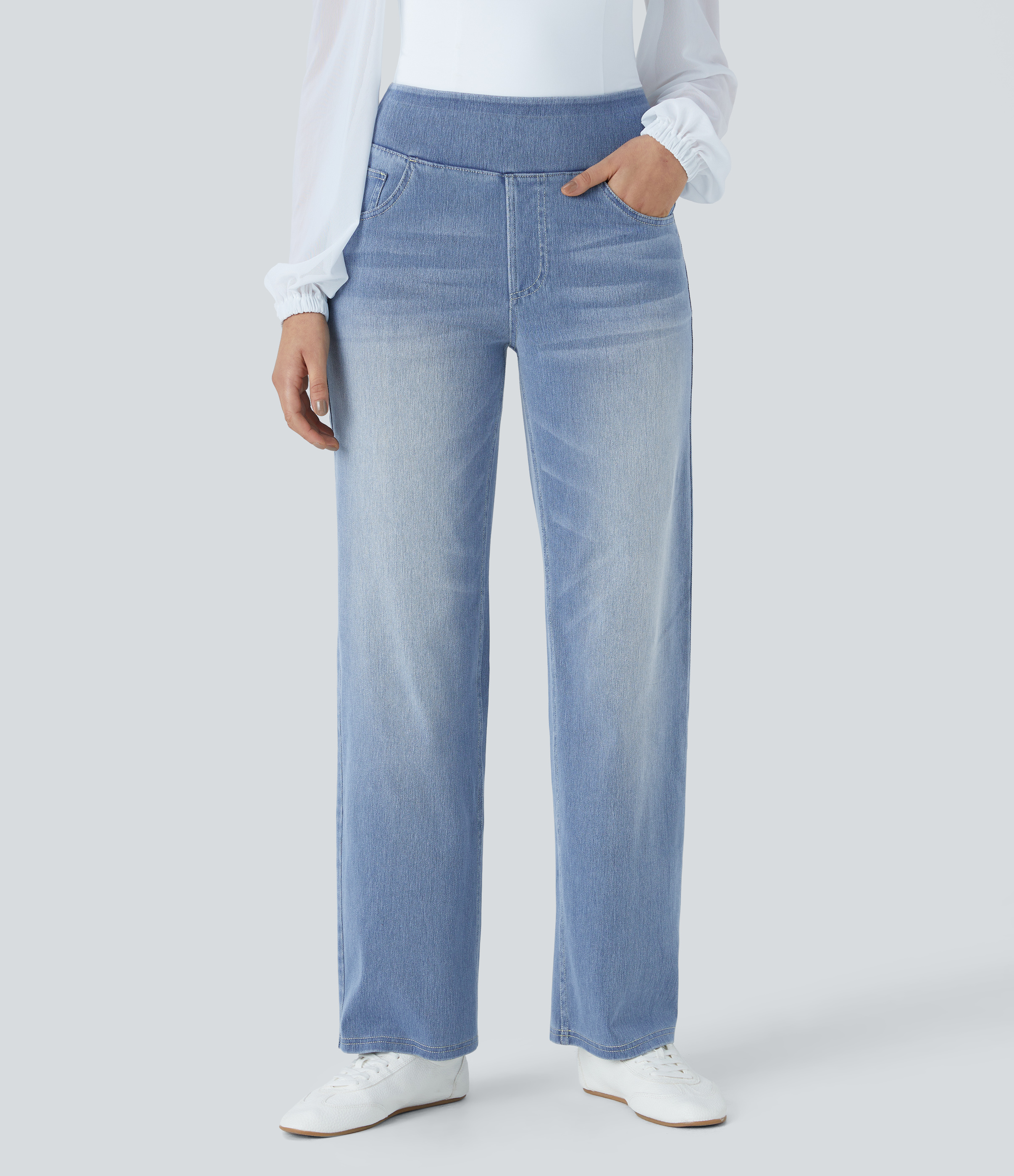 Halara Flex™ High Waisted Pockets Straight Leg Washed Women Casual Denim Jeans