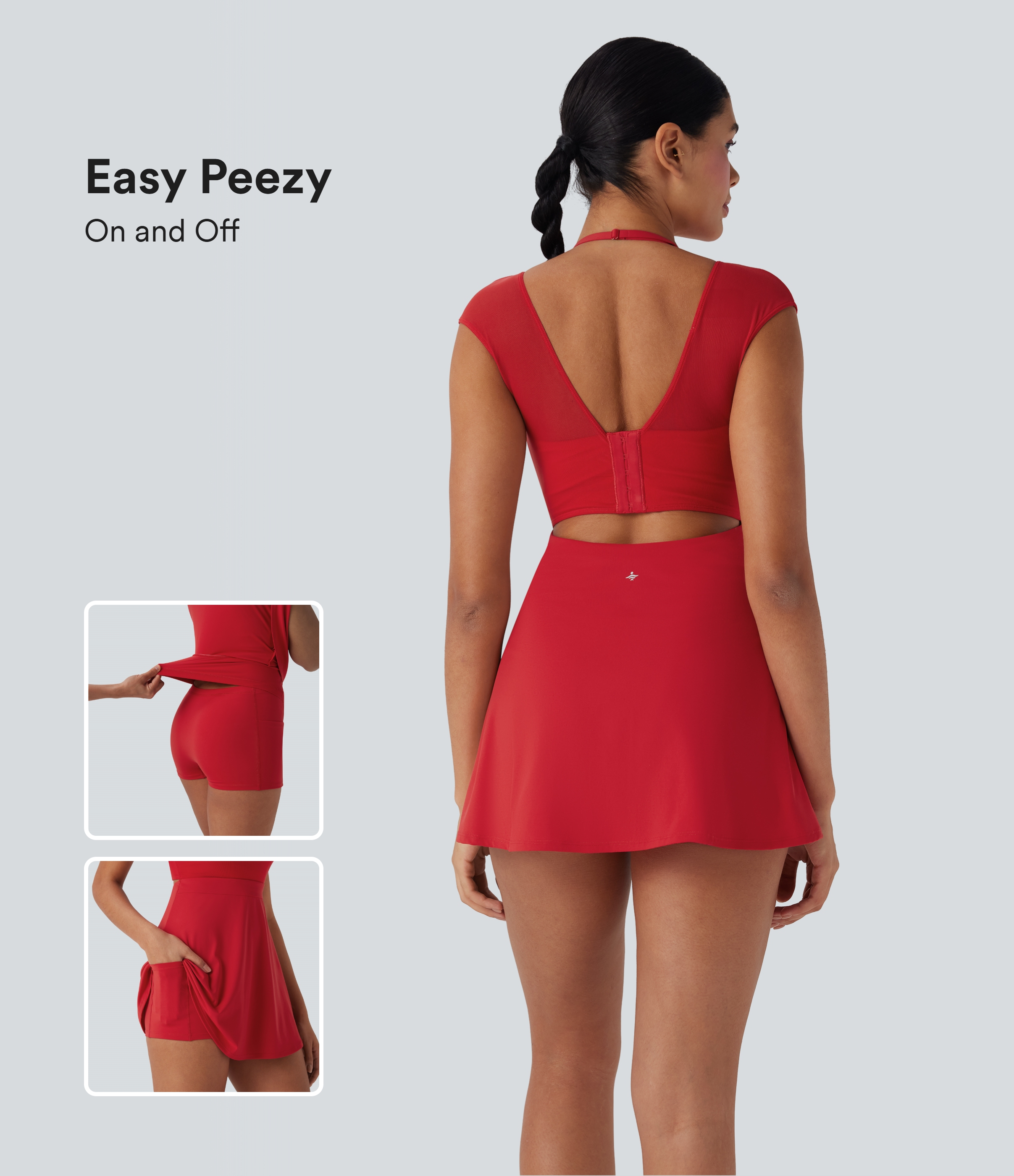 Softlyzero™ Airy Neckholder-Kleid, rückenfrei, verstellbare Schnalle, kontrastierendes Netzgewebe, kühlendes Yoga-Aktivkleid, kinderleicht, UPF 50+