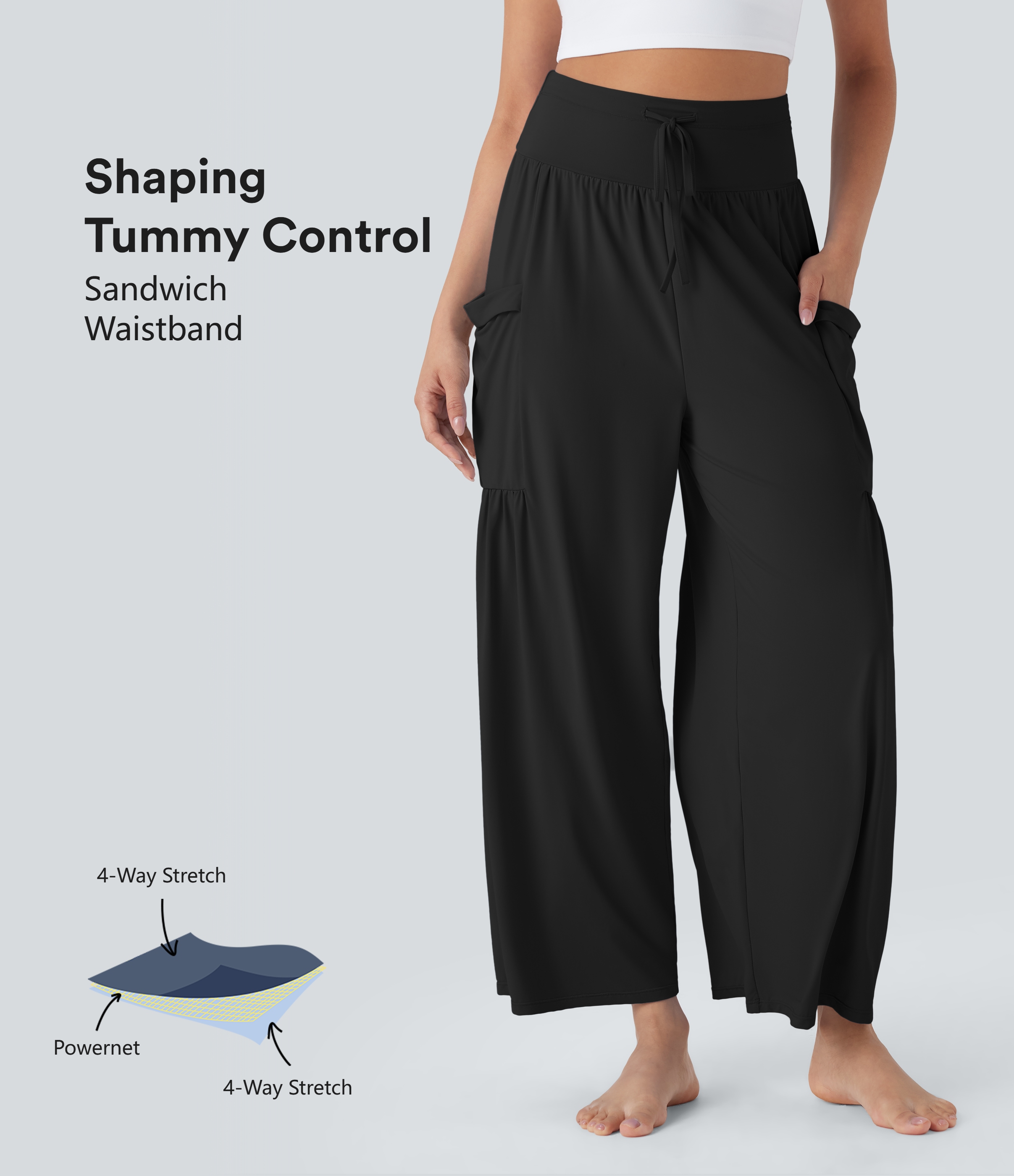 High Waisted Tummy Control Drawstring Wide Leg Cool Touch Yoga Pants with Pockets-UPF50+