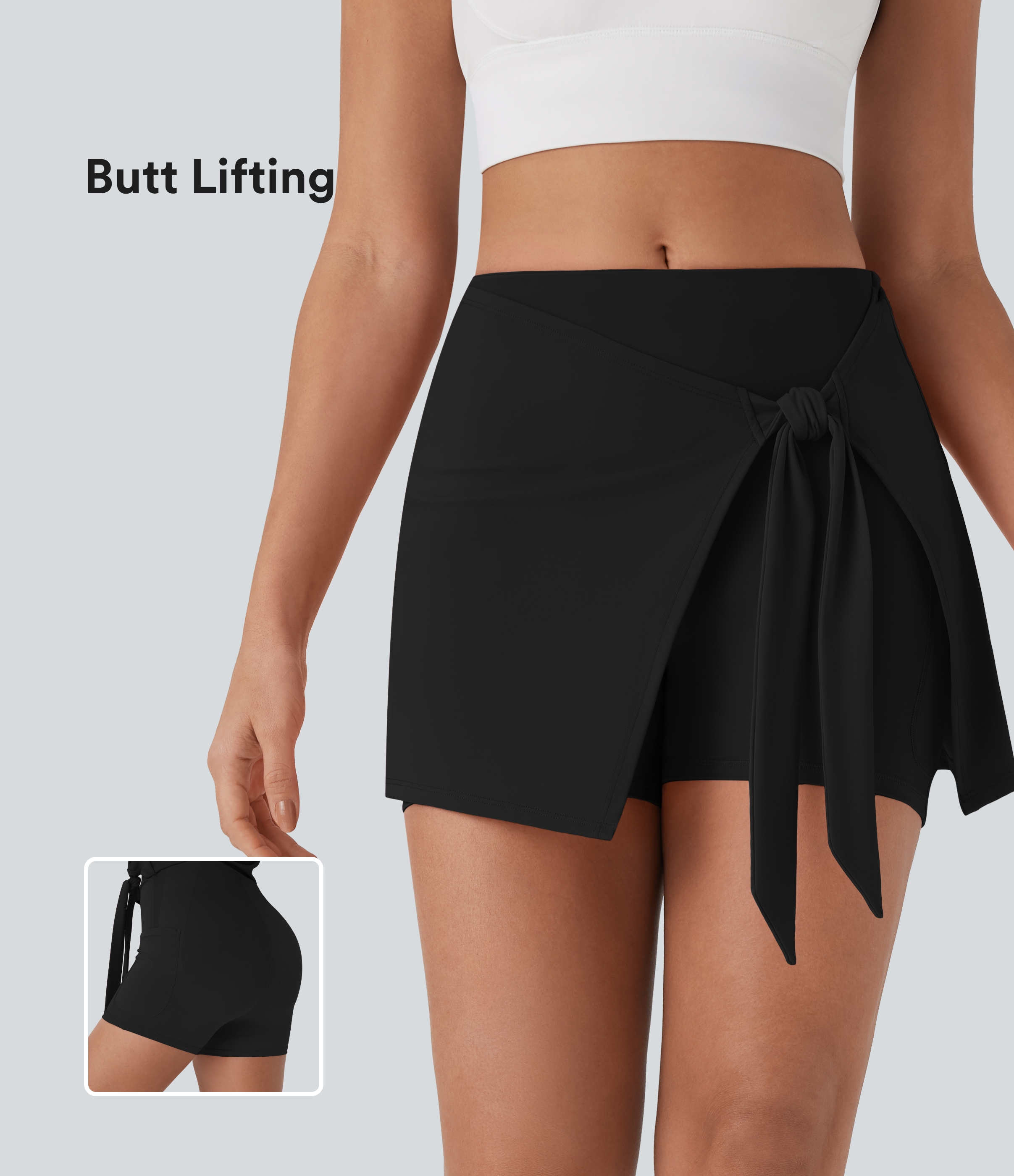 Black SoftlyZero™ QuickDry High Waisted Butt Lifting Tie Front 2-in-1 Mini Yoga Skirt with Pocket / 1