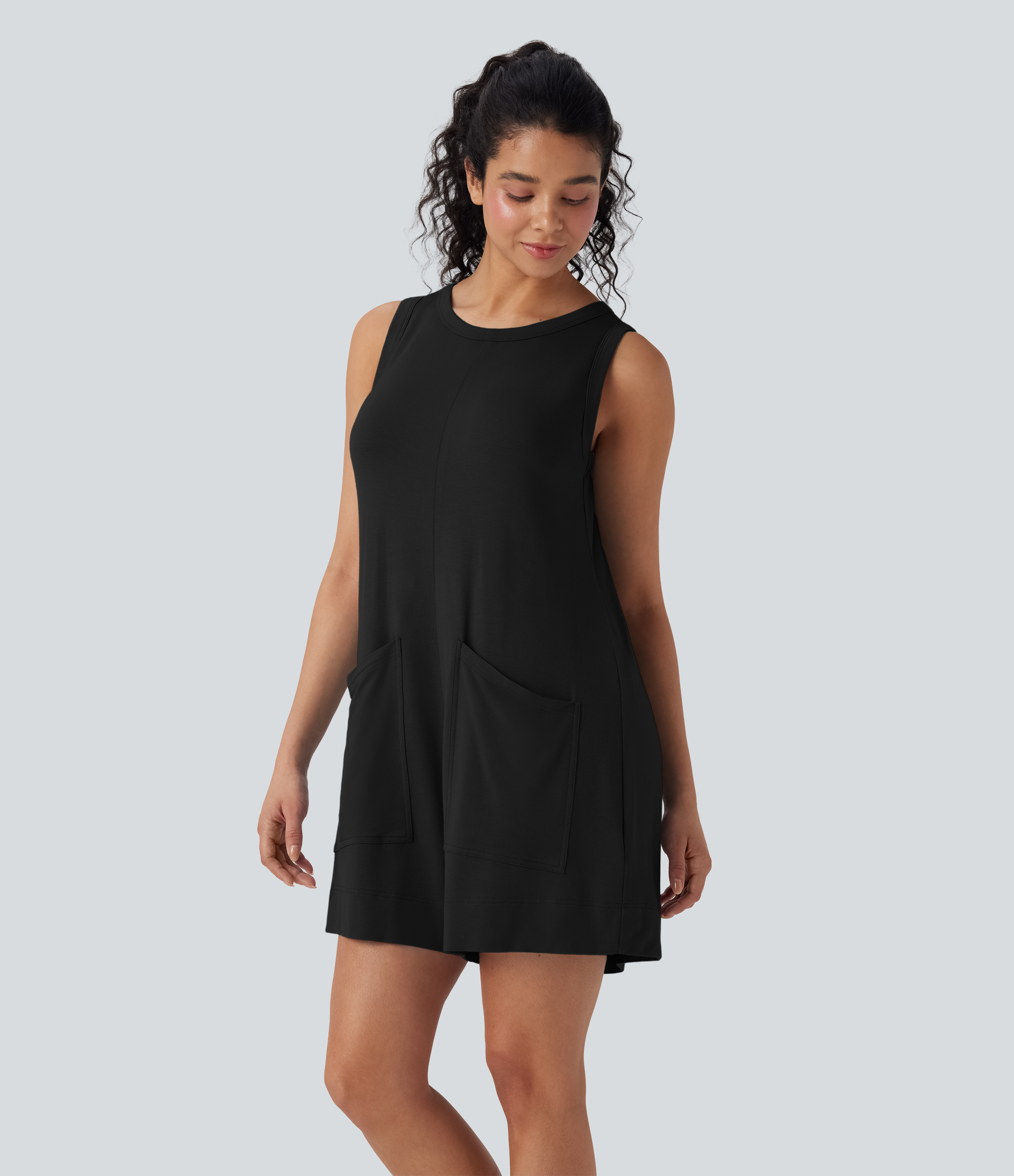 Black Round Neck Sleeveless Casual Jumpsuit with Pockets / 1