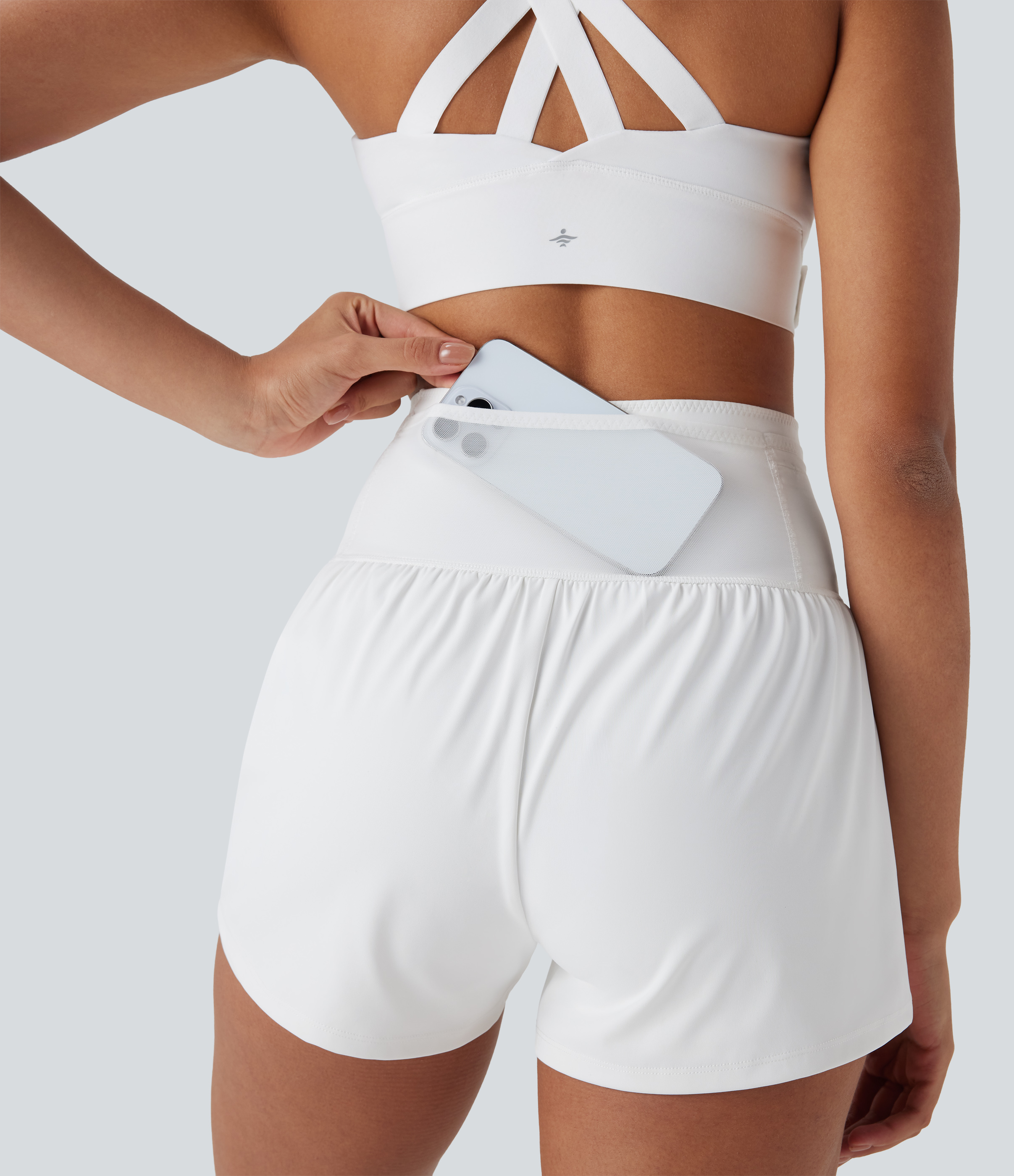 Blanco Pantalón corto SpeedWave™ correr tiro alto malla contrastante 2 en 1 secado rápido múltiple bolsillo / 2