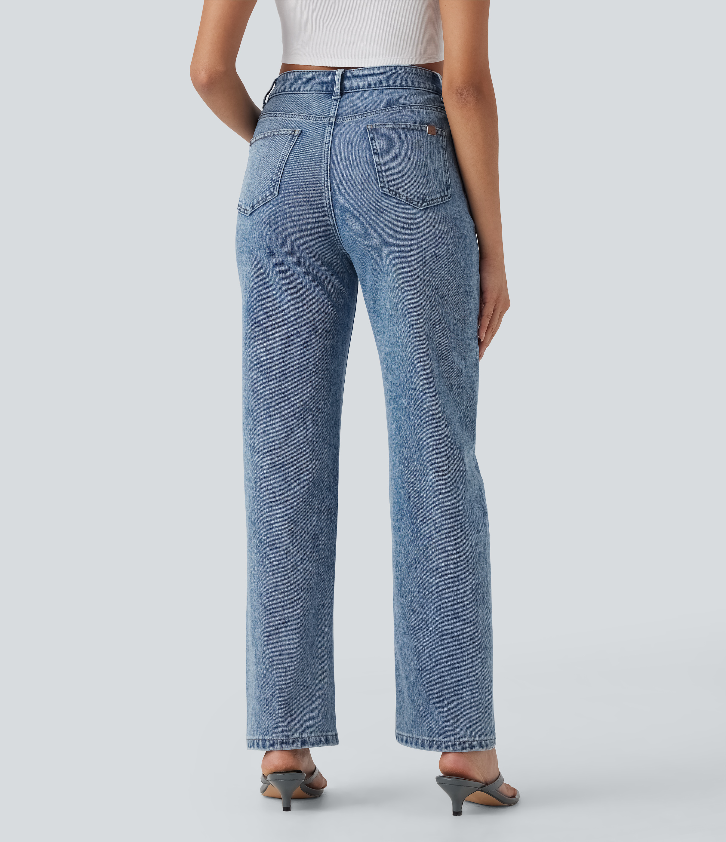 Tide Blue Denim Halara Flex™ High Waisted Zipper Pockets Straight Leg Casual Jeans / 2
