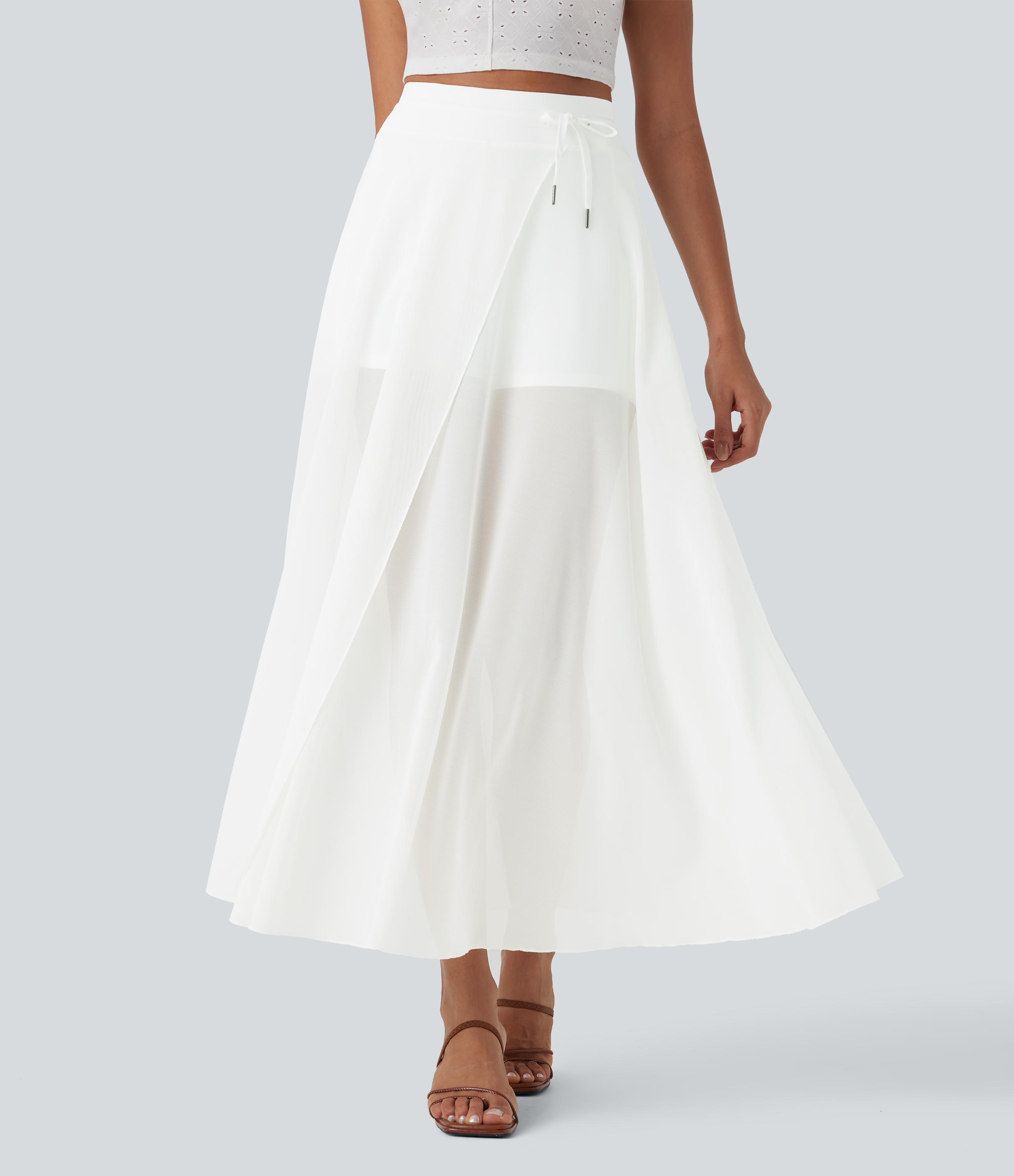 High Waisted Drawstring Contrast Mesh 2-in-1 Pocket Flowy Maxi Flare Casual Skirt