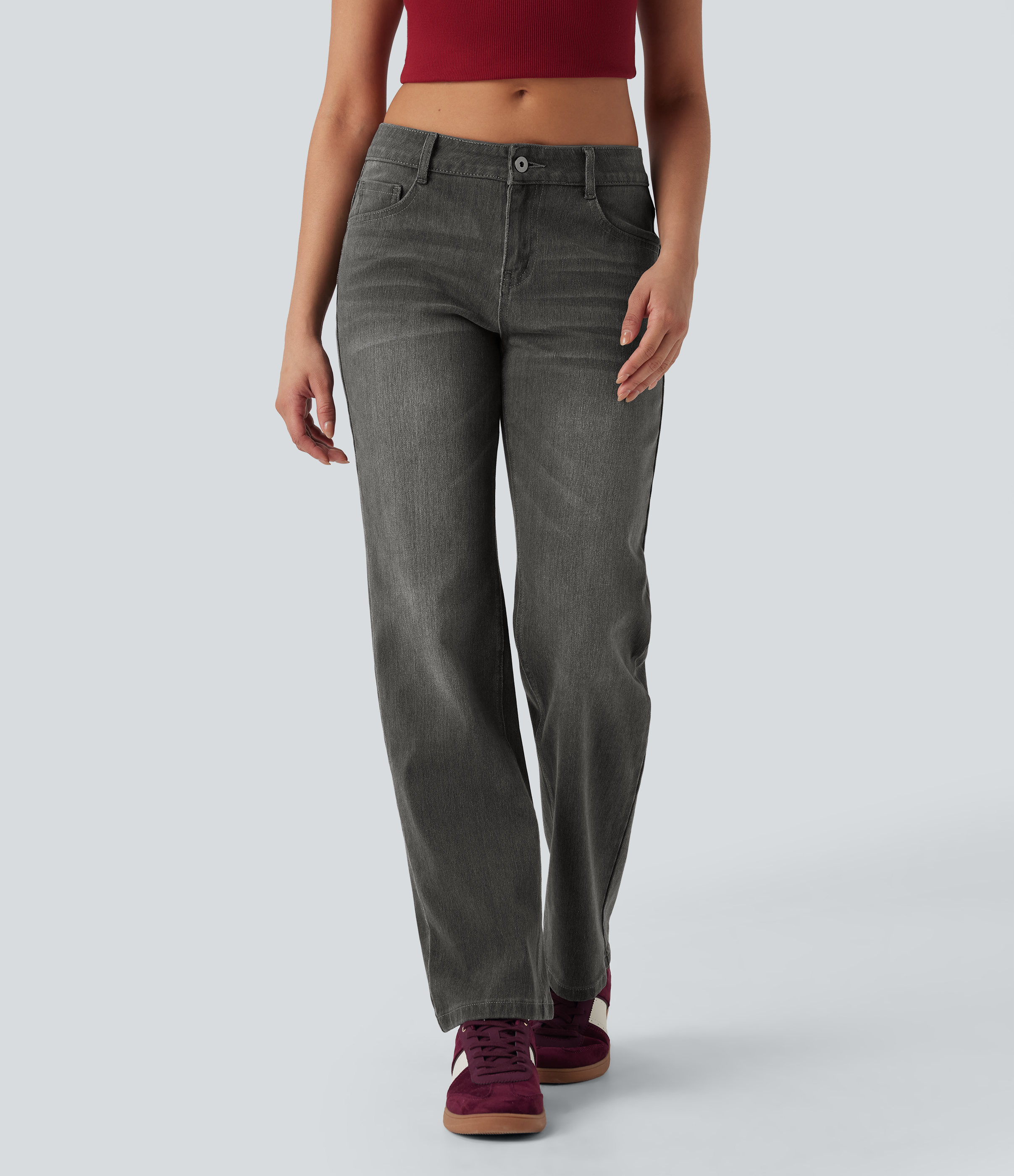 Halara Flex™ Low Rise Zipper Pockets Straight Leg Washed Casual Jeans