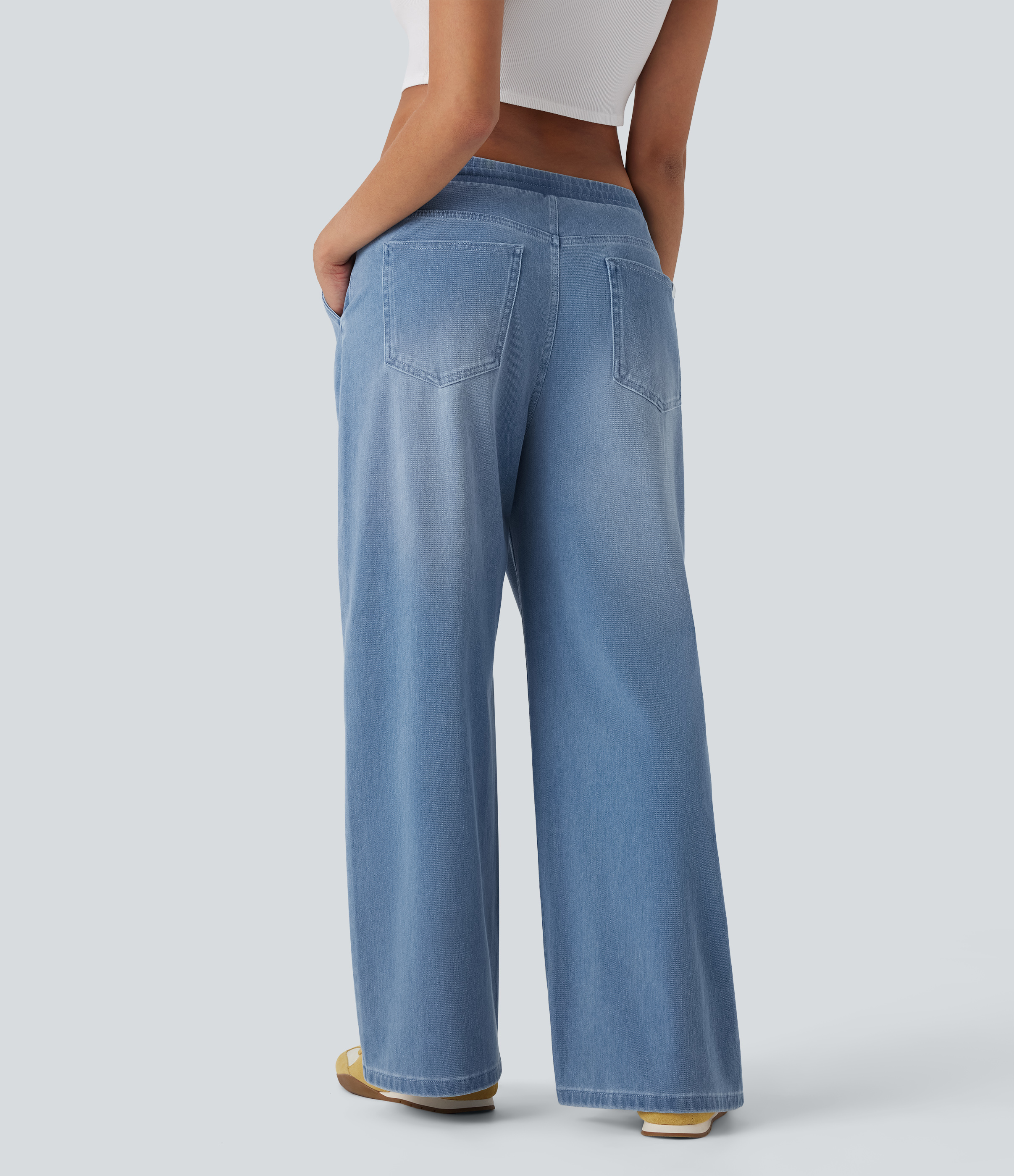 Malibu Blue Denim Halara Flex™ Low Rise Drawstring Stretchy Knit Casual Baggy Sweatpants Jeans with Multiple Pockets / 2