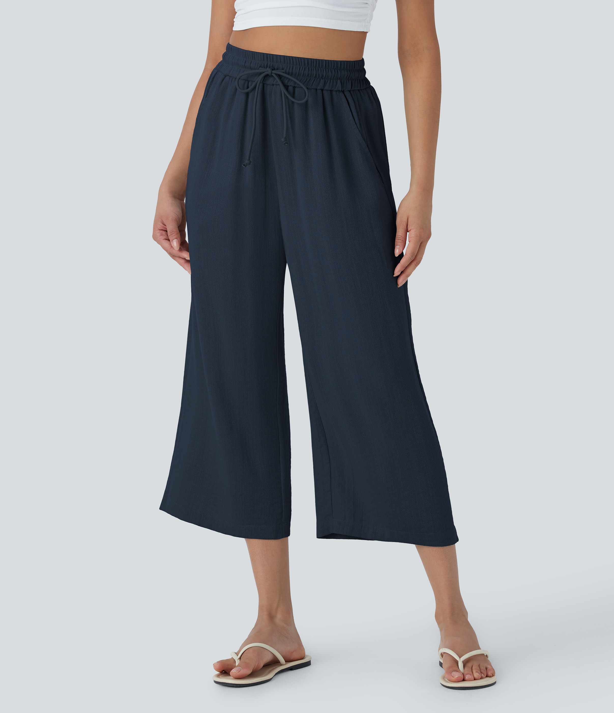 High Waisted Drawstring Wide Leg Cropped Casual Linen-Feel Trousers with Pockets