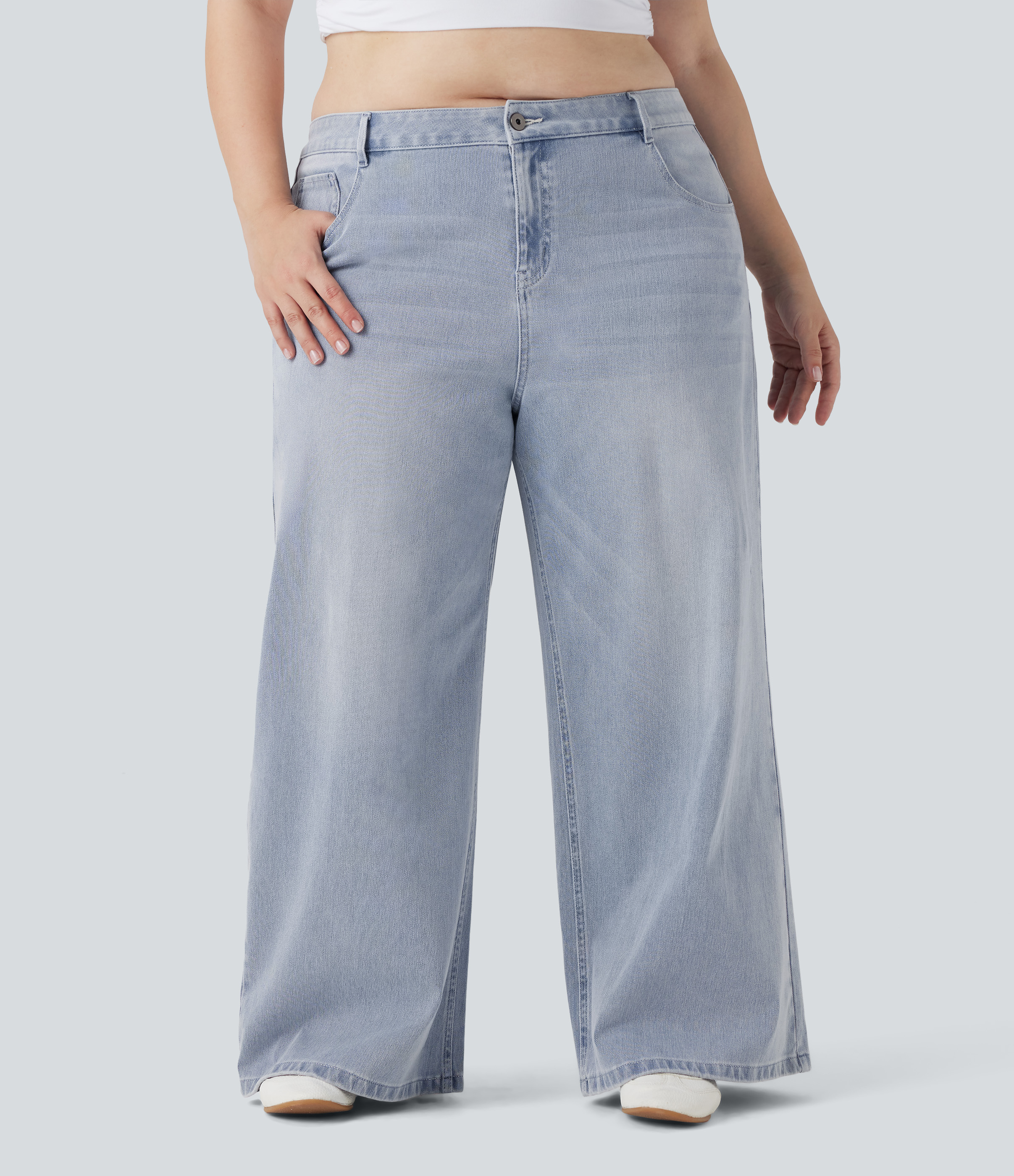 Jeans Halara Flex™ Denim vaquero elástico lavado pierna ancha tiro bajo múltiple bolsillo talla grande