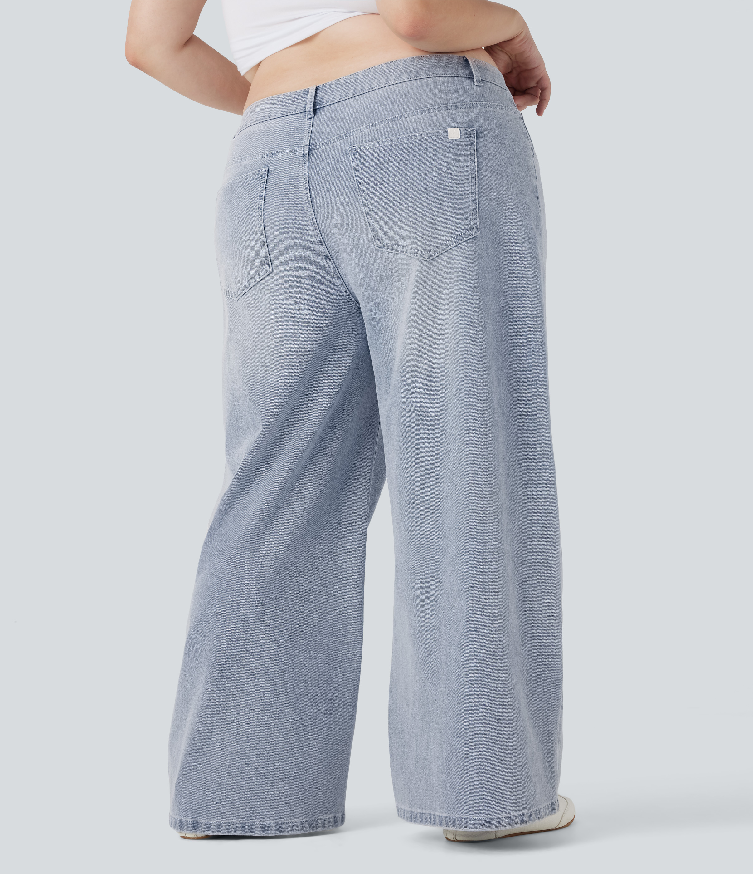 Light Azure Denim Übergrößen Halara Flex™ Tief sitzende weite Bein gewaschene lässige Jeans mit Taschen / 2