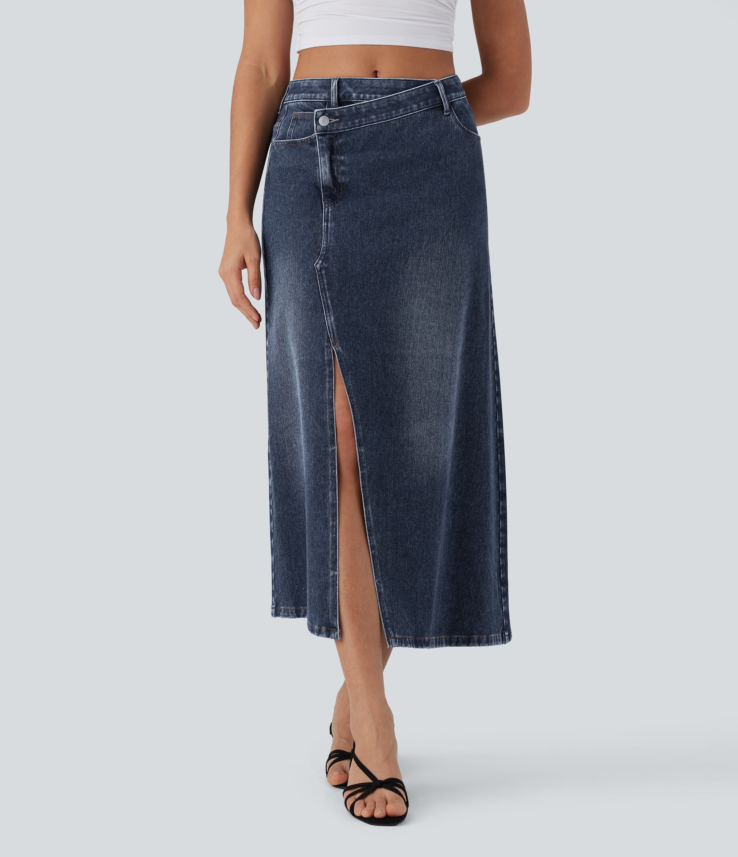 Halara Flex™ Asymmetric Mid Rise Denim Maxi Casual Skirt with Pockets