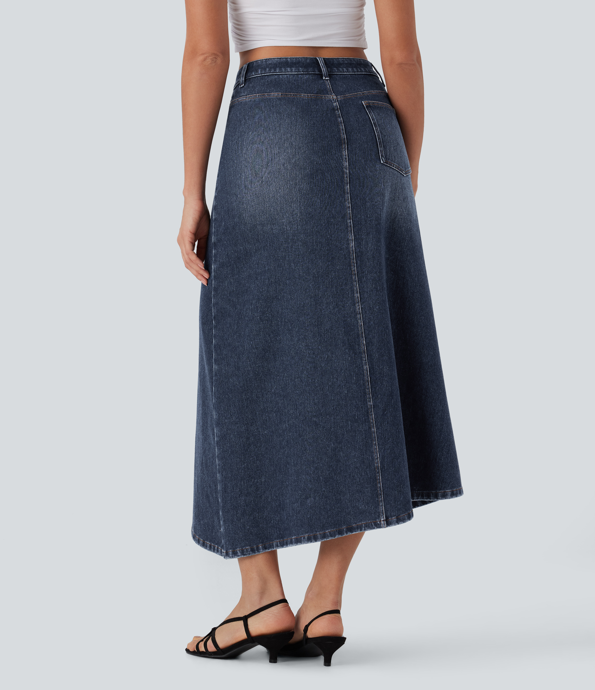 Estate Blue Denim Falda maxi Halara Flex™ Denim mezclilla elástica tiro medio asimétrico aberturas múltiple bolsillo / 2
