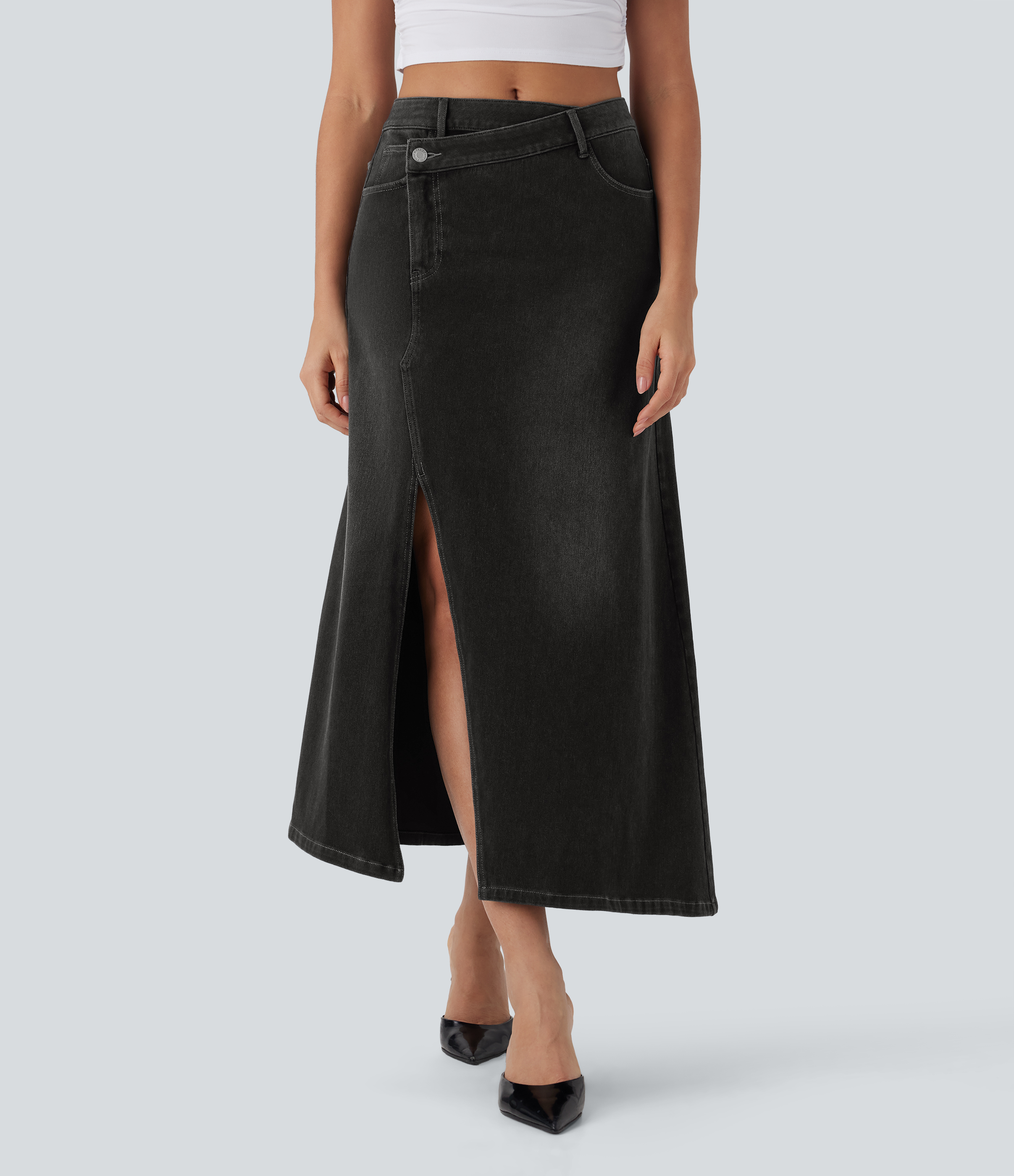 Jupe longue décontractée denim asymétrique taille mi-haute Halara Flex™ avec fente et multiples poches