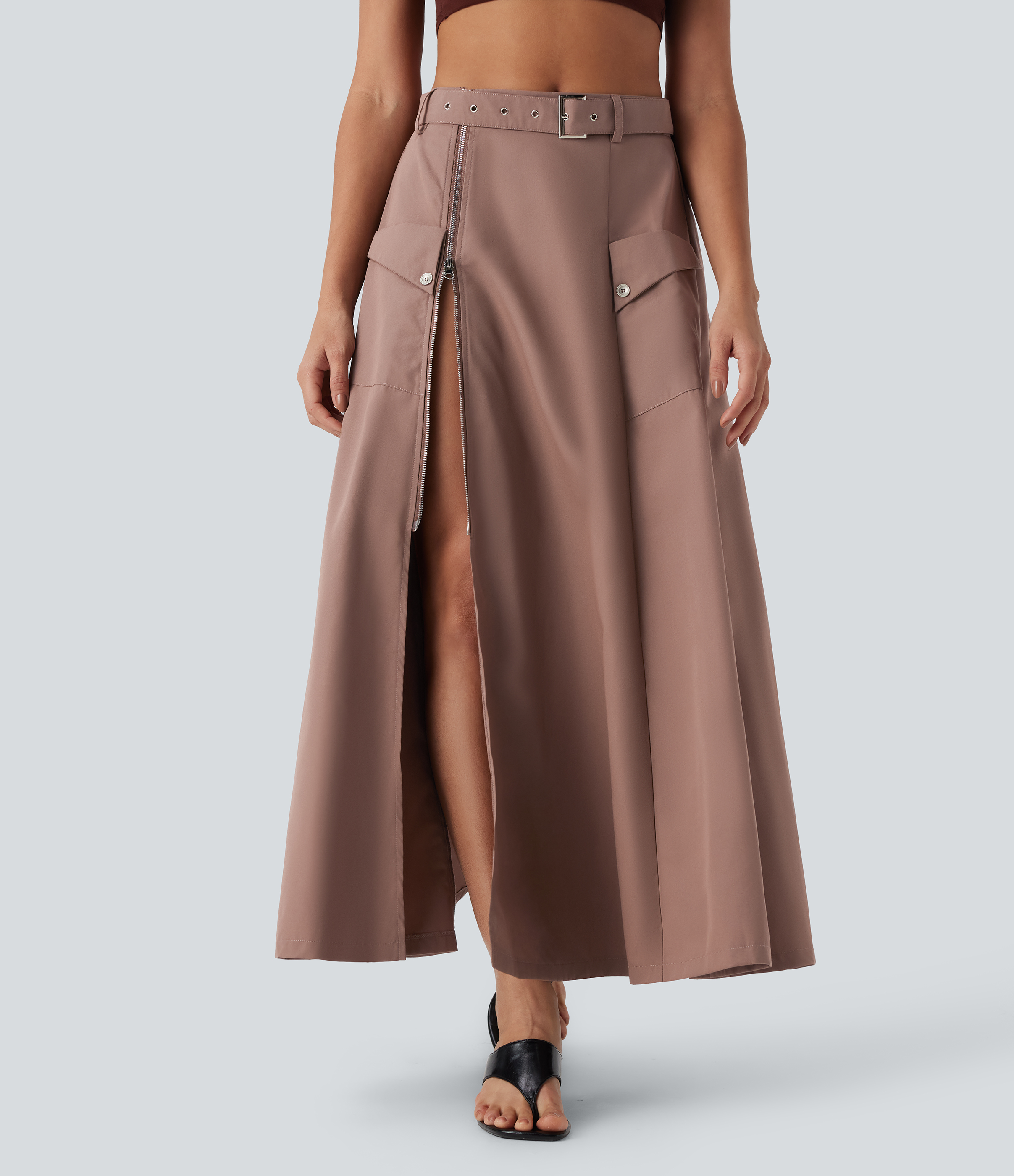 Mid Rise Belted Zipper Maxi Casual Skirt with Pockets
