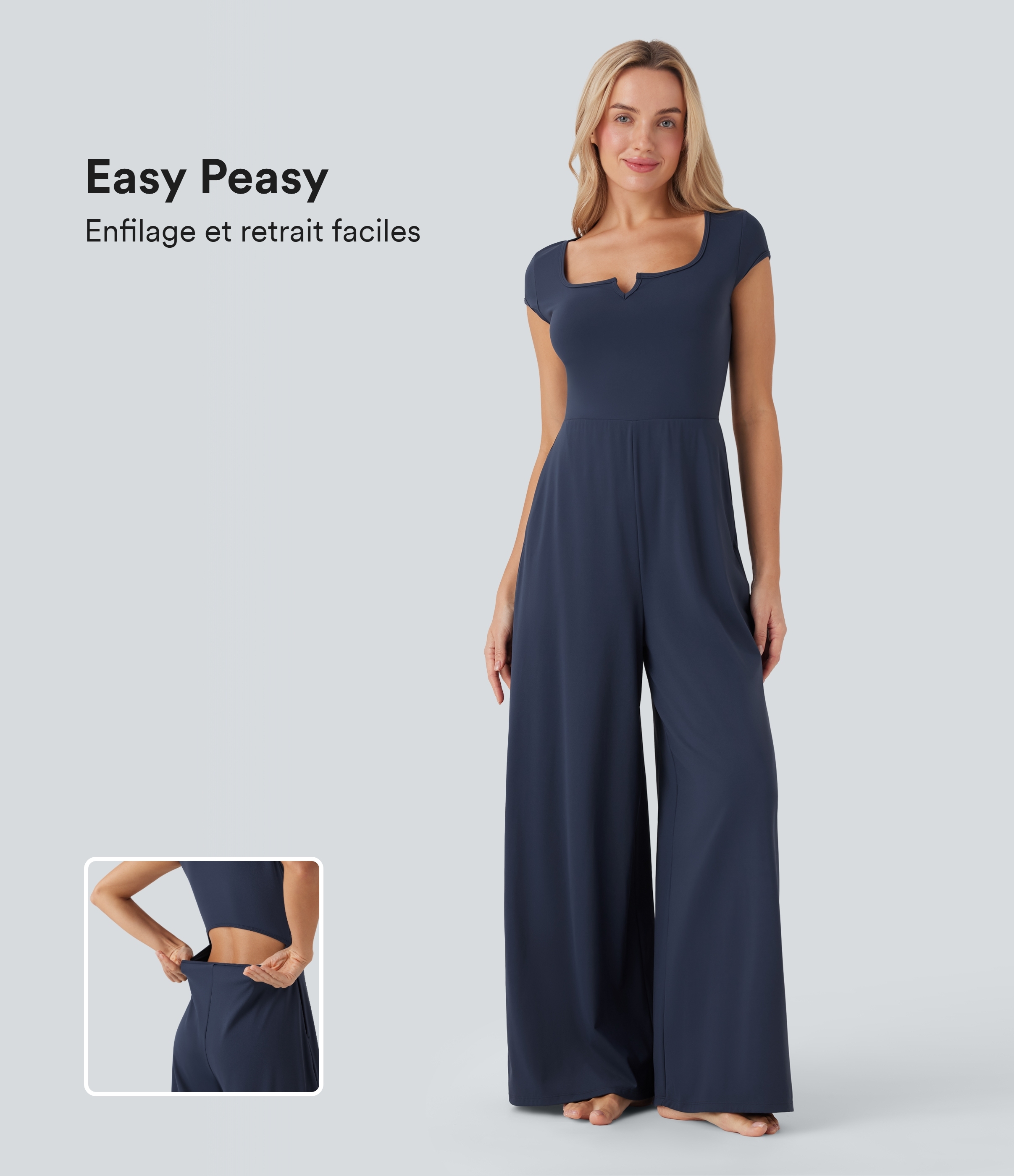 Combinaison de yoga Softlyzero™ Airy Cool Touch à col cranté, manches courtes, jambes larges et poches latérales - Édition Easy Peasy