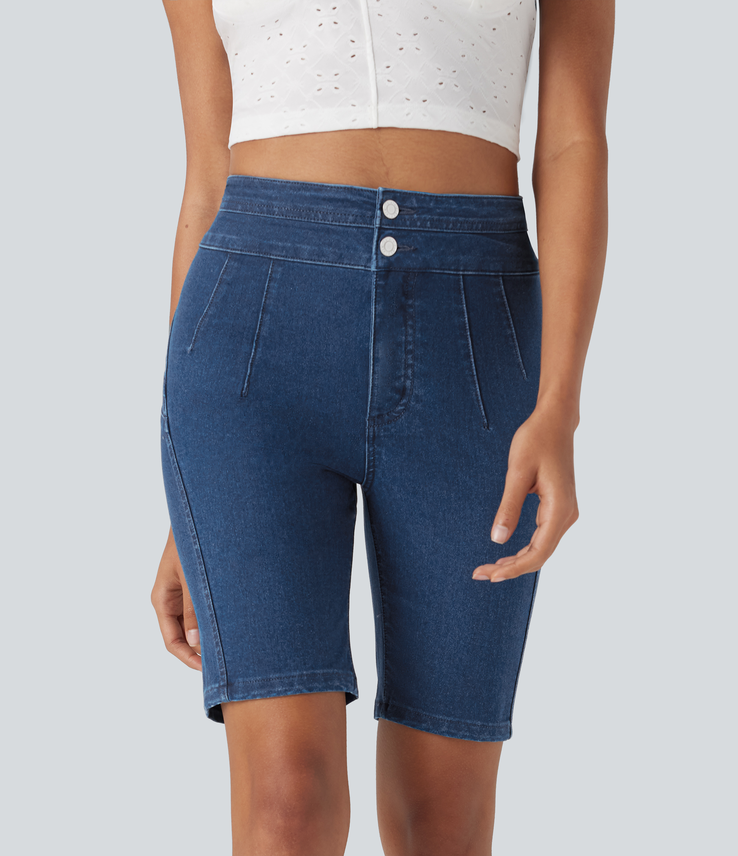 Estate Blue Denim Shorts biker Halara Flex™ Denim mezclilla elástica tiro alto push-up bolsillo / 2