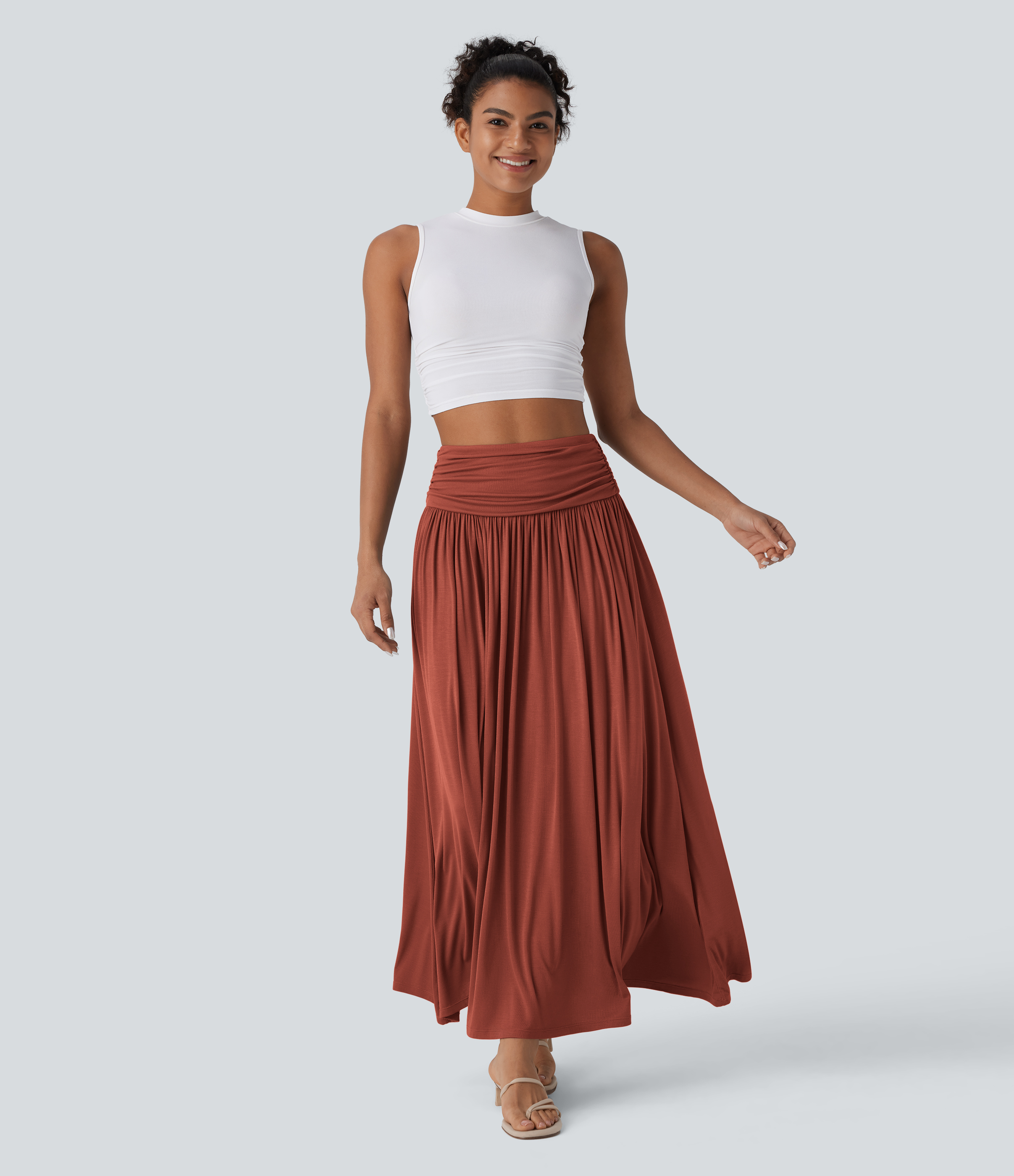 High Waisted Ruched Flowy Maxi Casual Skirt