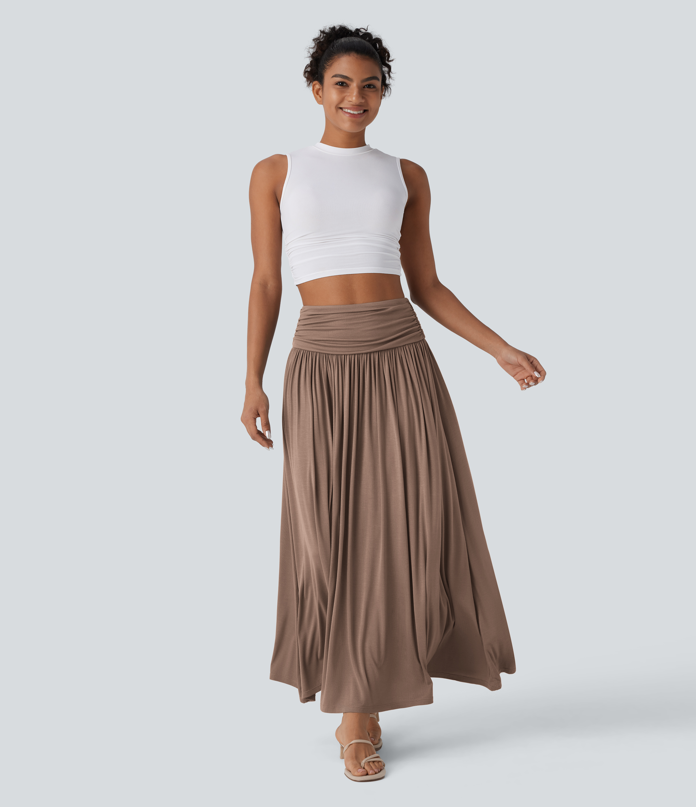 High Waisted Ruched Flowy Maxi Casual Skirt
