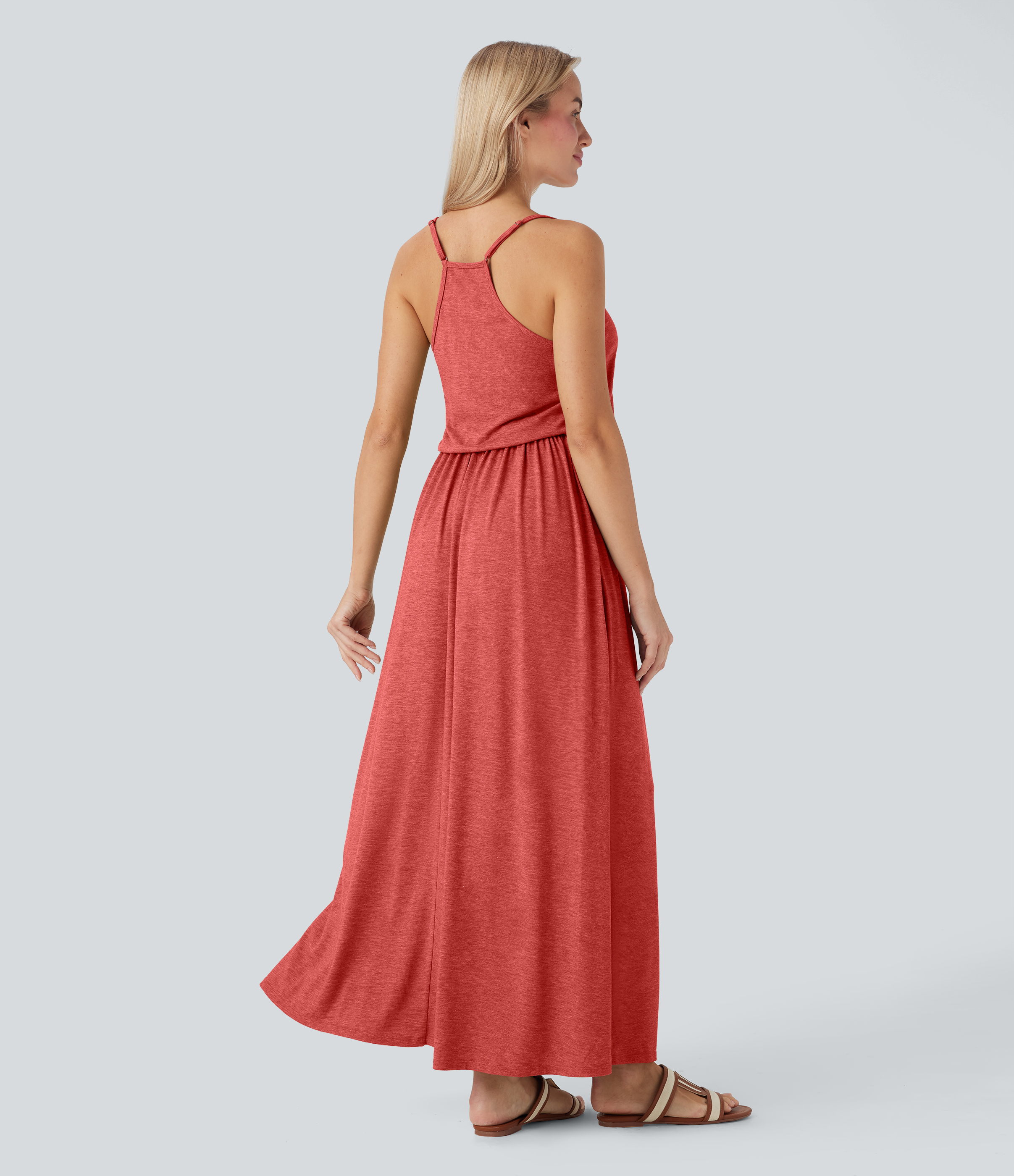Poinsettia Floral Yarn Maxi Flowy Slip Dress with Pockets / 2