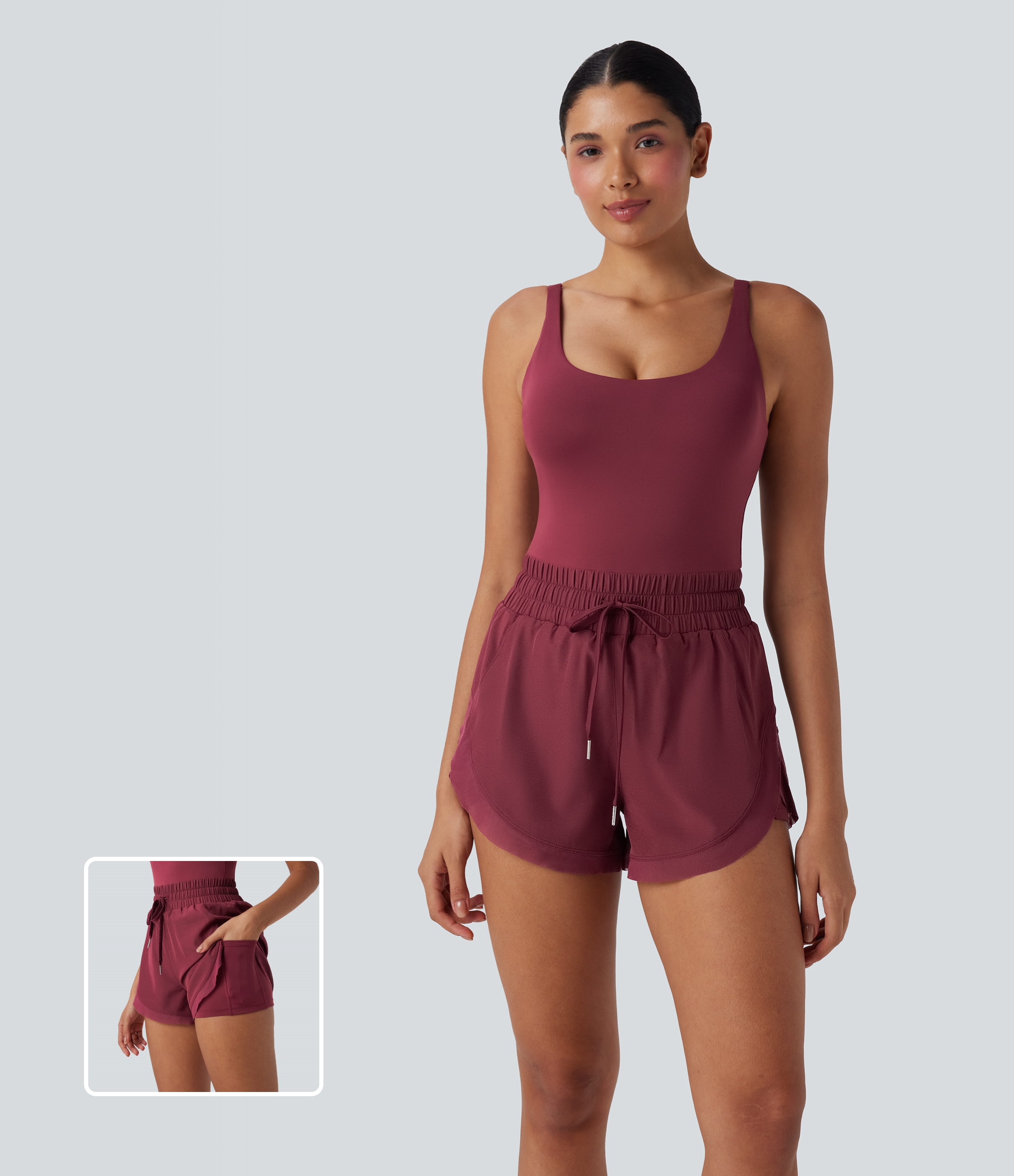 Shirred Drawstring 2-in-1 Running Romper with Pockets