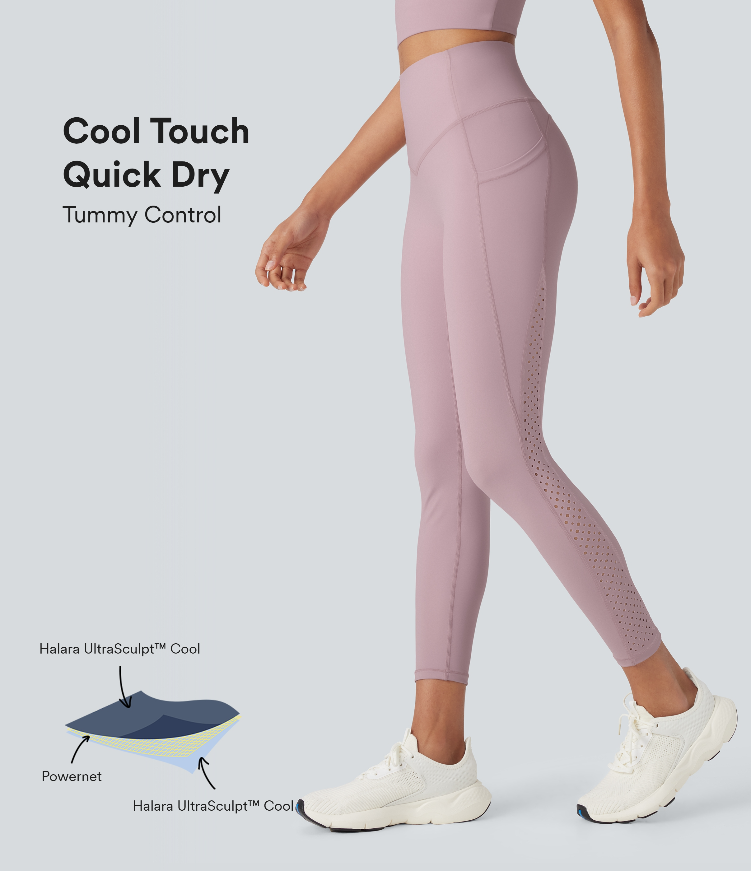 Halara UltraSculpt™ - Perforierte Yoga-Leggings mit hohem Bund, Seitentaschen, Bauchkontrolle und InstantCool - schnelltrocknend, UPF50+