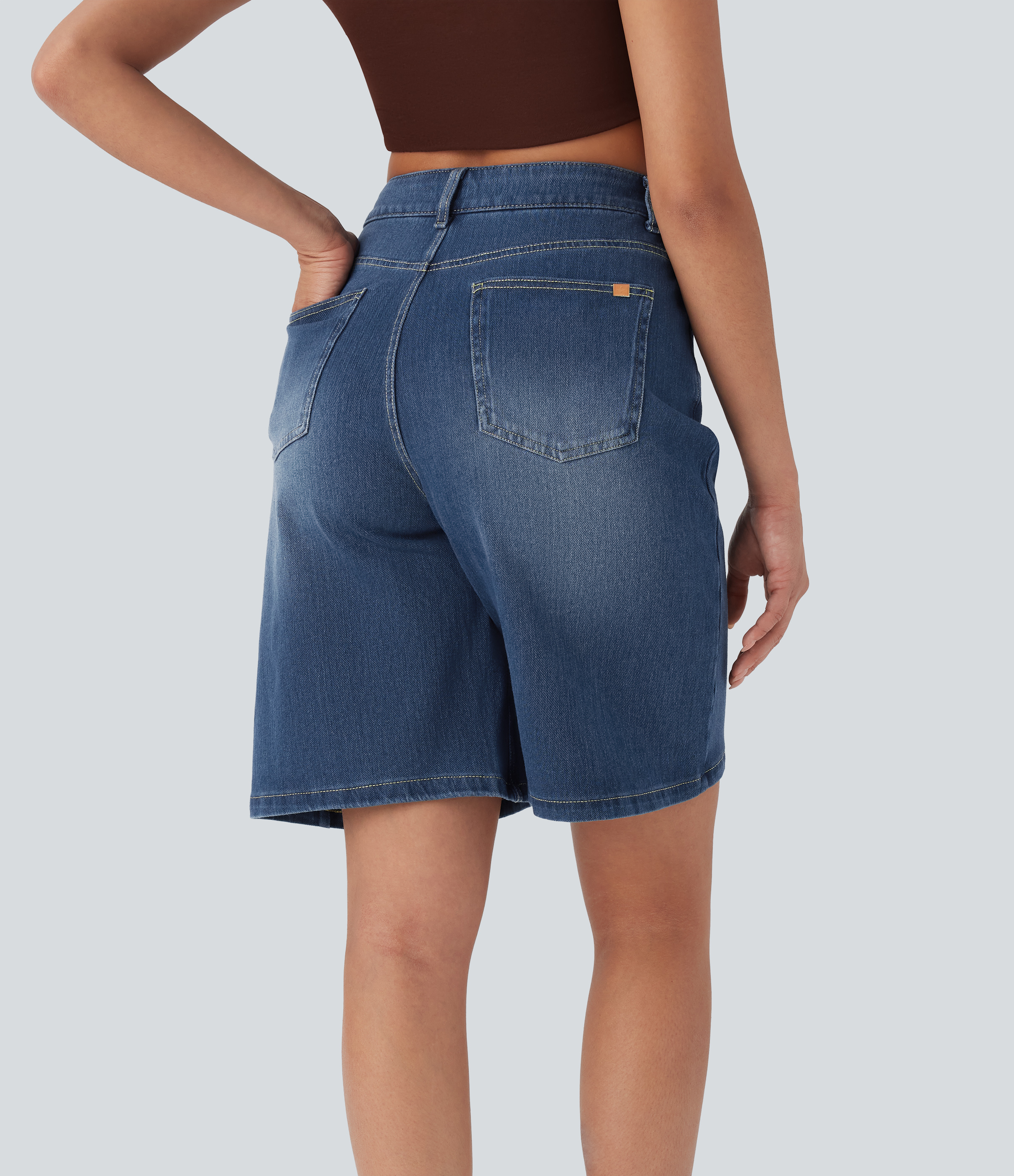 Halara Flex™ Denim Bermuda Shorts, multi-wash stretch denim, high-waisted with pockets