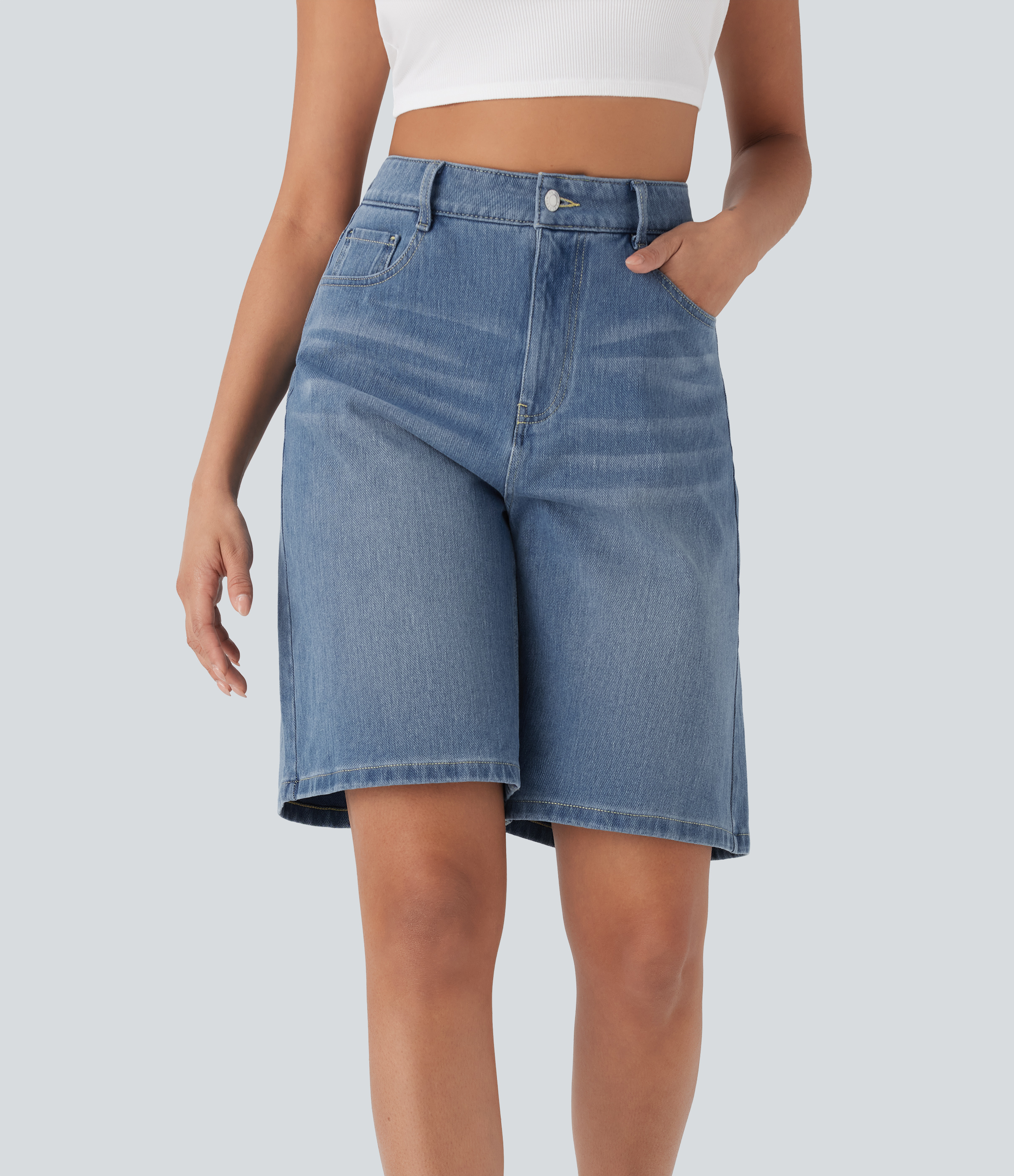 Bermuda en jean délavé Halara Flex™ taille haute à poches multiples