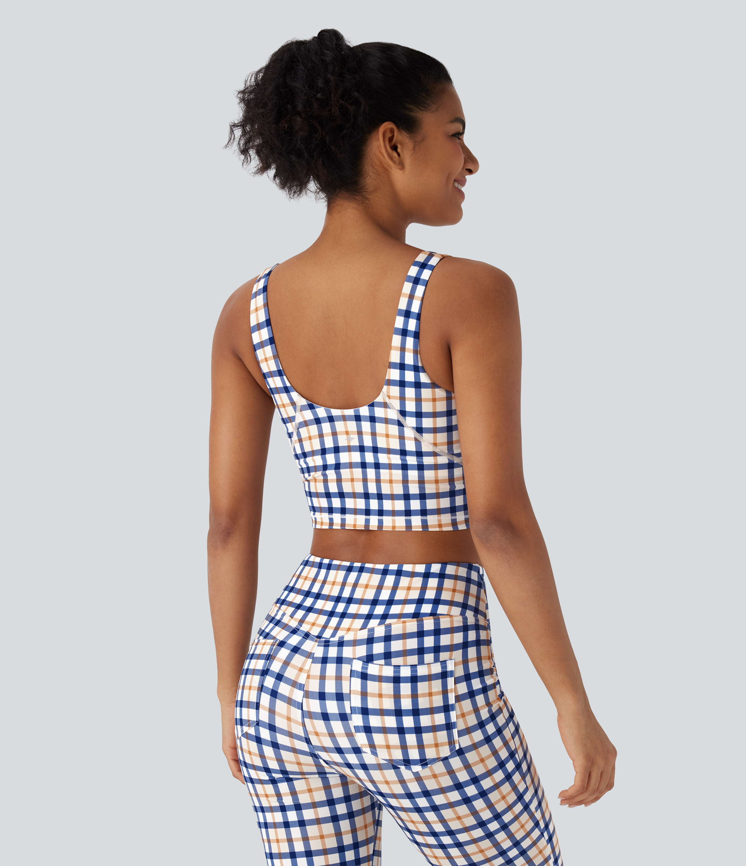Blue White Golden Haze Plaid V Neck Plaid InstantCool Cropped Yoga Tank Top / 2