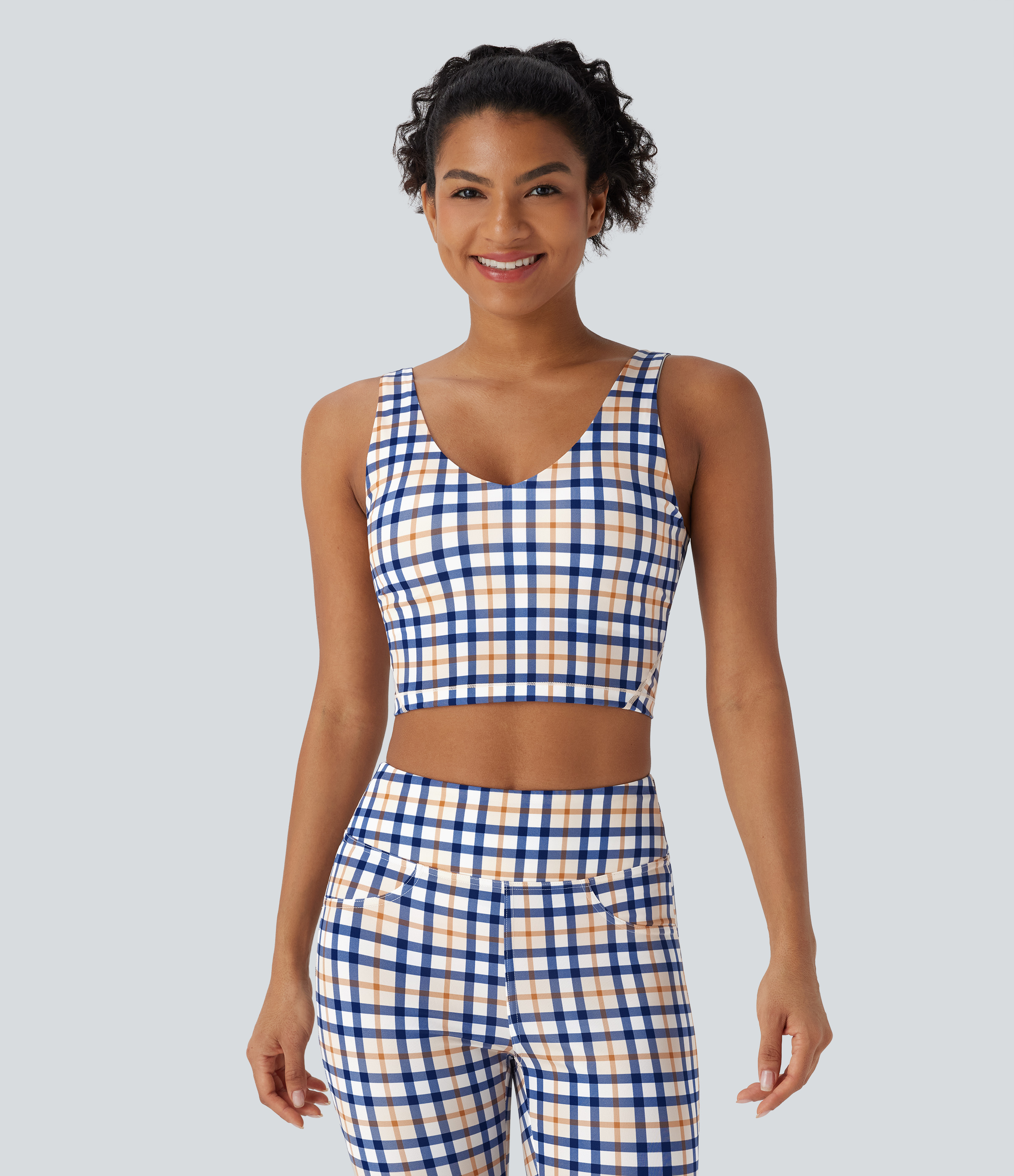 Blue White Golden Haze Plaid V Neck Plaid InstantCool Cropped Yoga Tank Top / 1