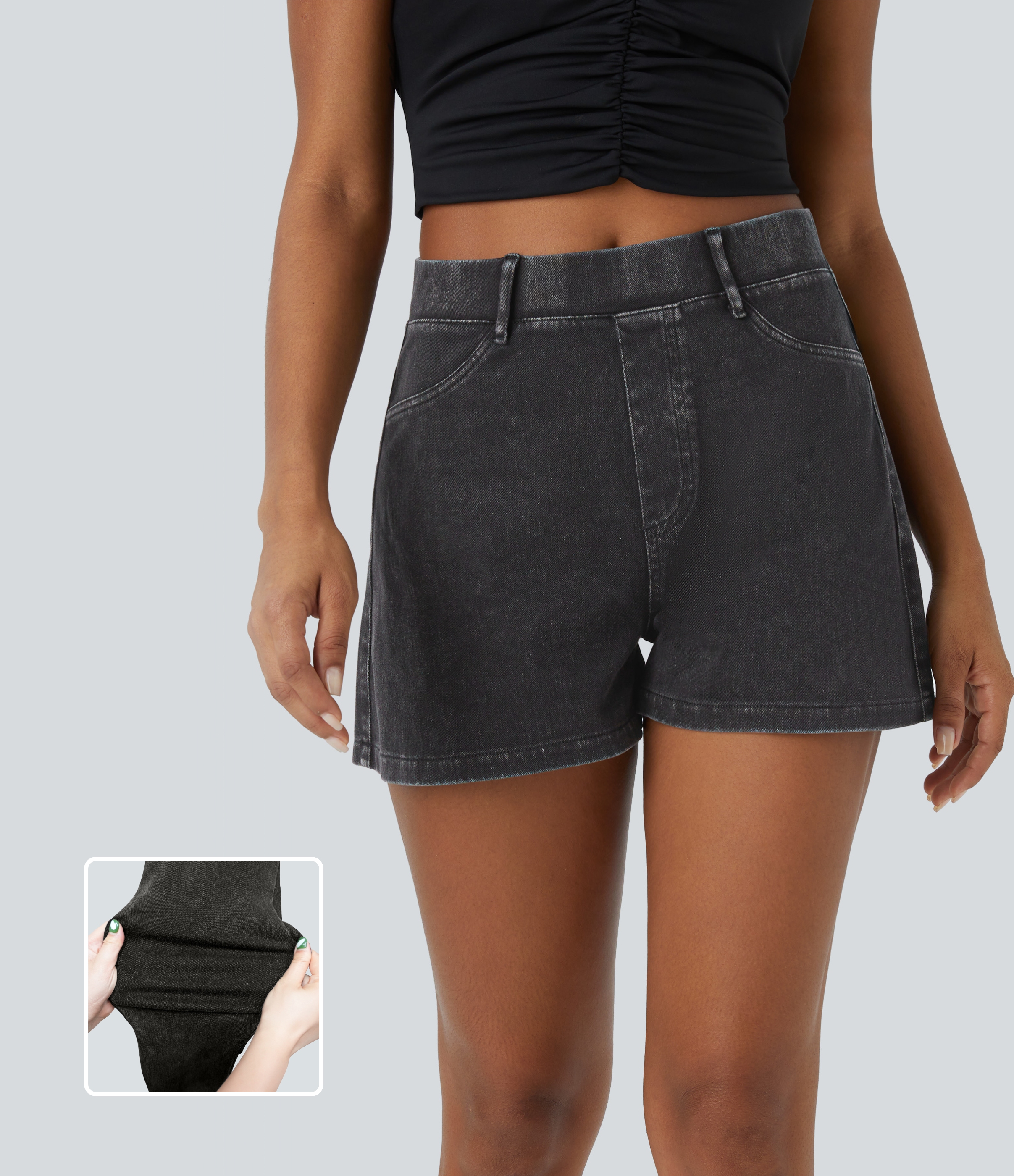 Halara Flex™ Lässige Shorts aus elastischem Strick-Denim mit hohem Bund und Gesäßtasche 