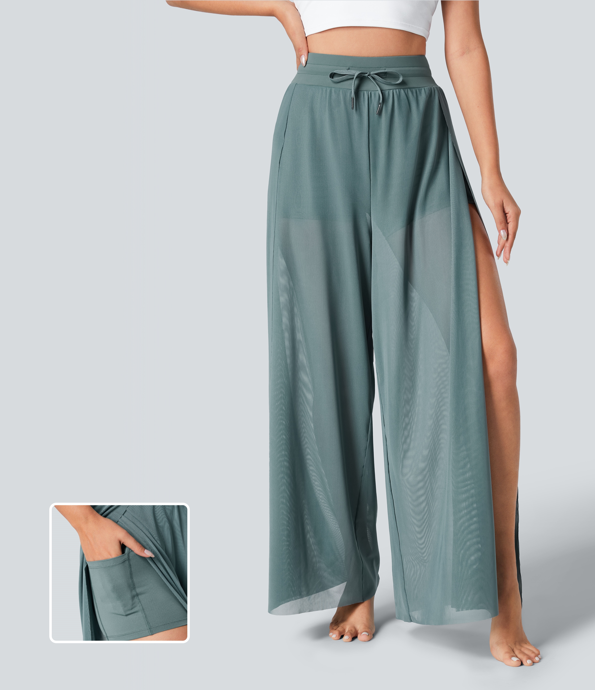 Women's High Waisted Drawstring Contrast Mesh 2-in-1 Pocket