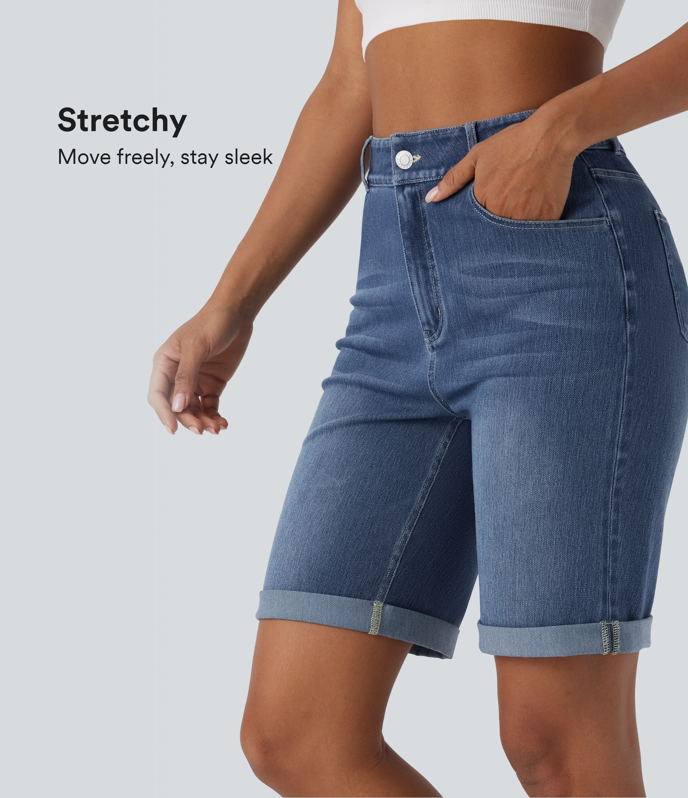 【BAON】Herco Cat Washing Bermuda Denim Pants XBTCLXEBCO Womens Jean Shorts High Waisted Knee Length Wide