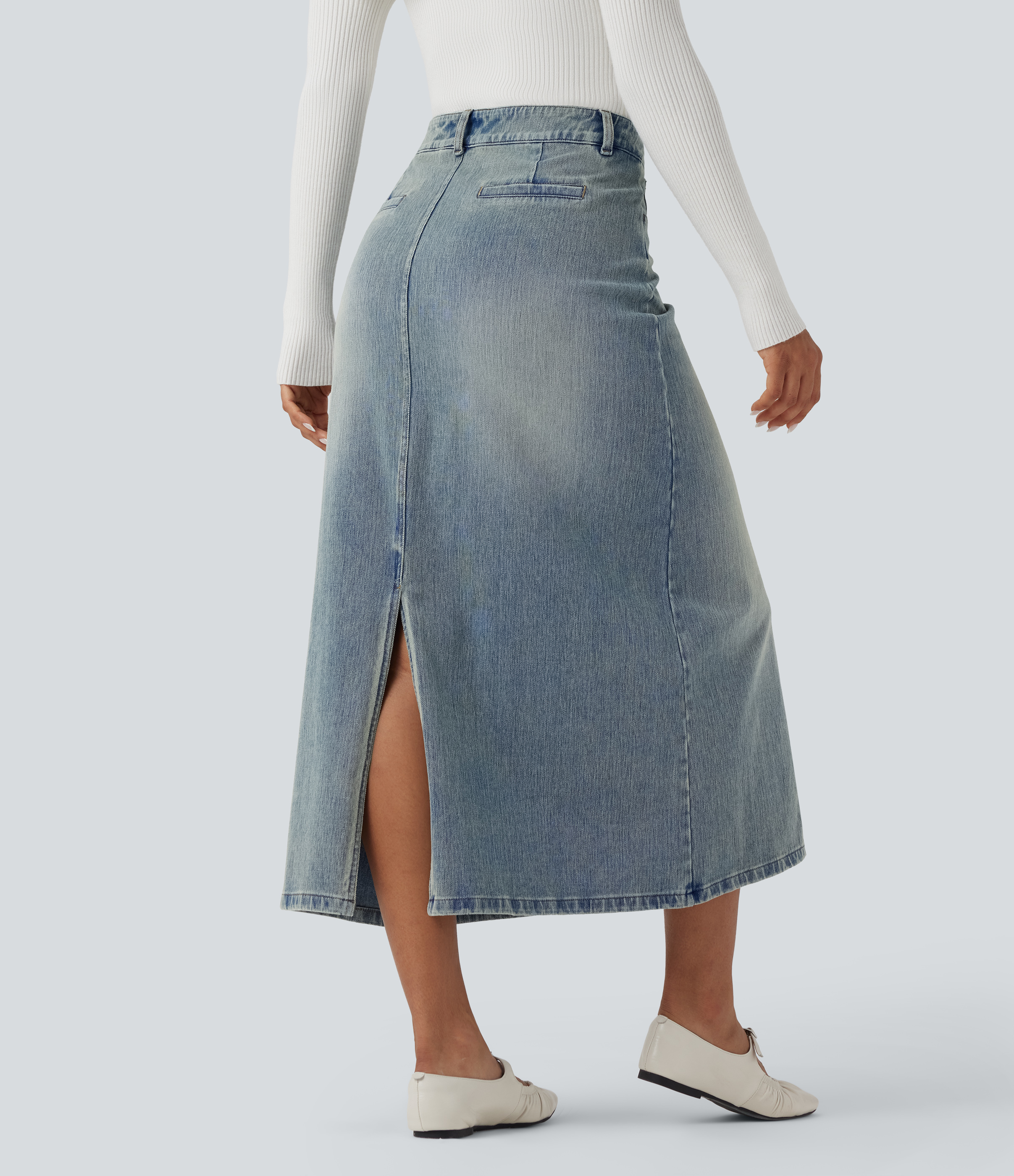Sunset Blue Denim Halara Flex™ Mid Rise Contrast Leopard Mesh Midi Denim Casual A-line Skirt with Pockets / 2