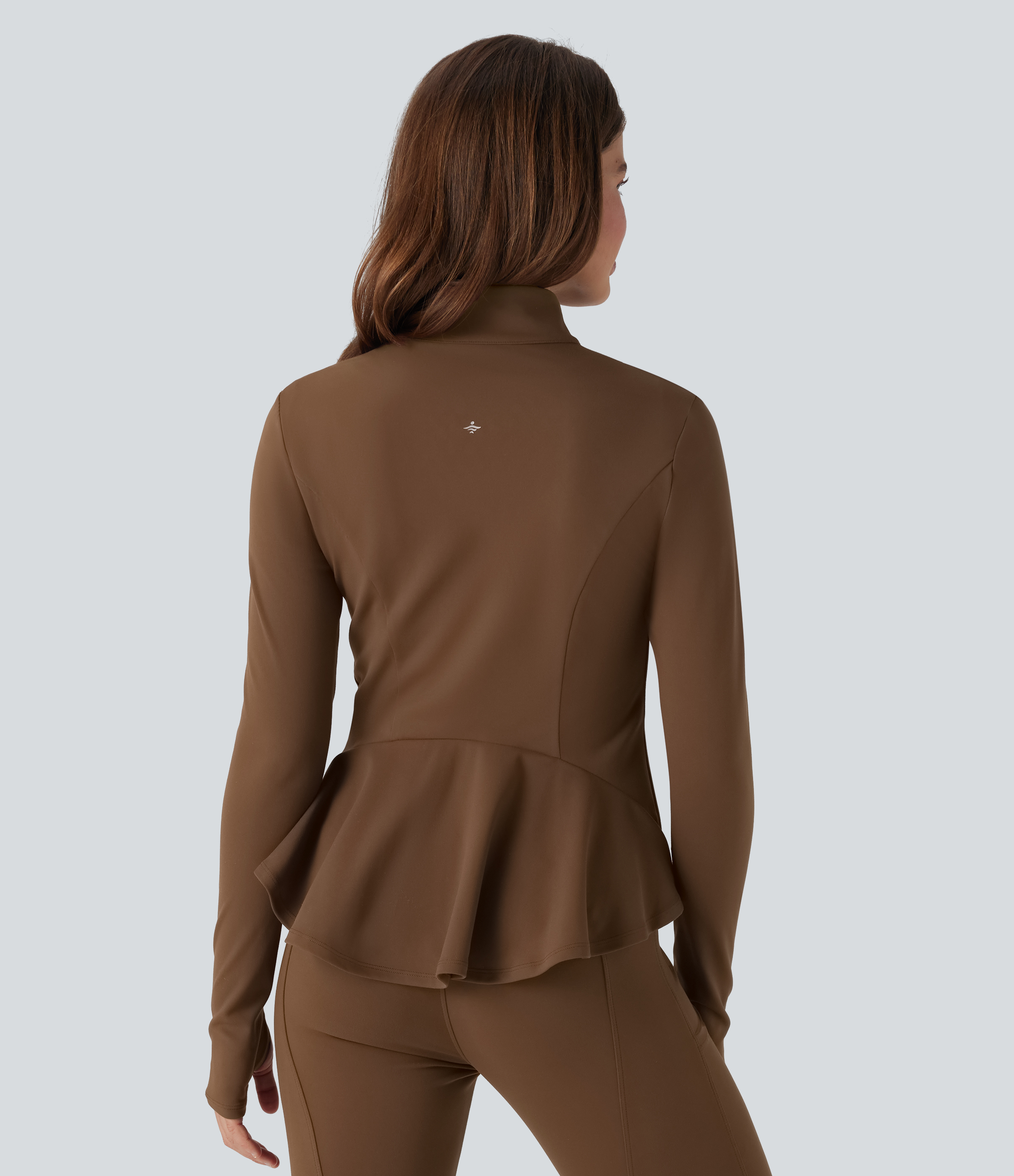 DayStretch Stand Collar Zipper Thumb Hole Ruffle Hem Slim Jacket with Pockets