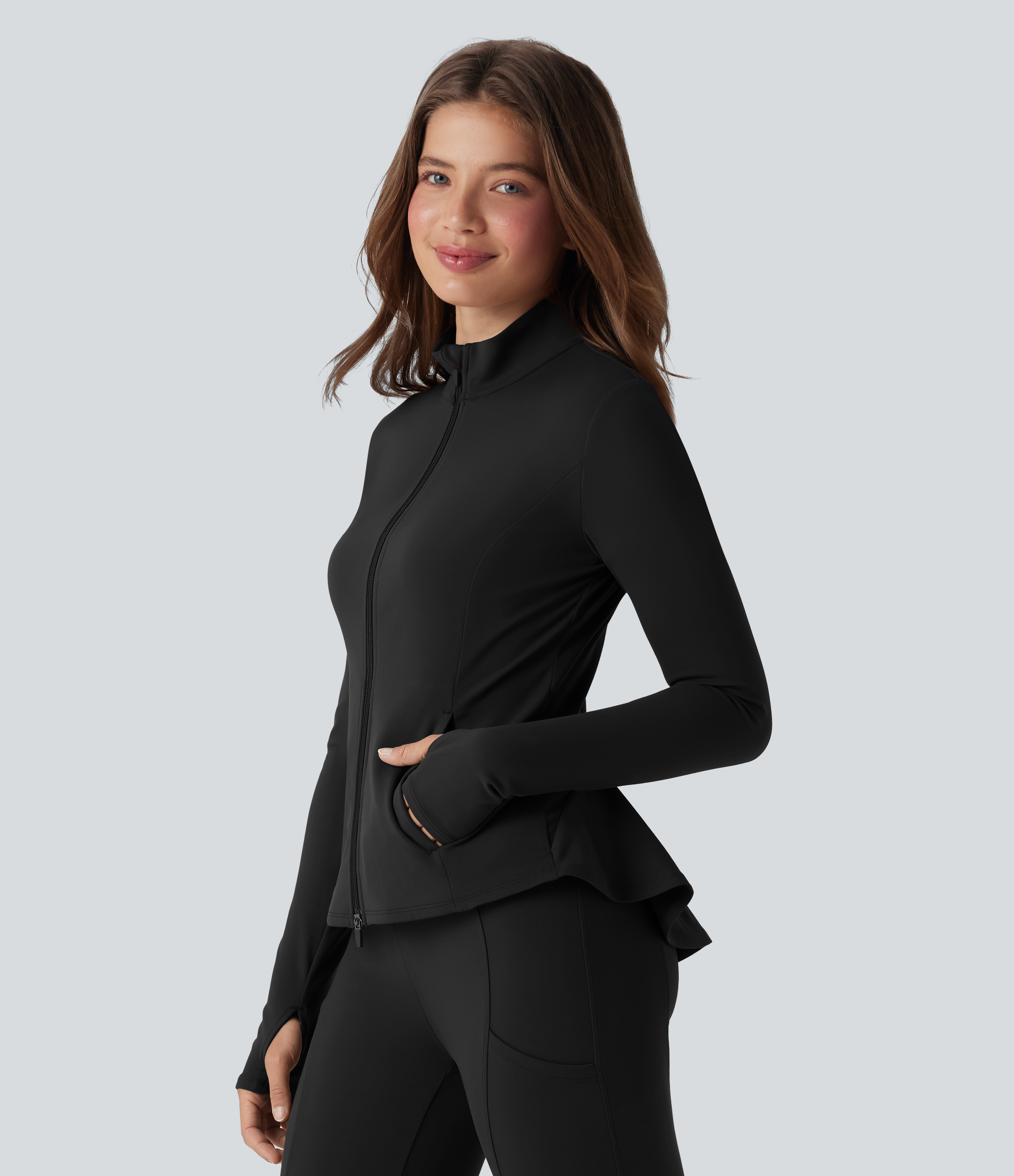 Schwarz Stehkragen Reißverschluss Daumenloch Rüschensaum Schmale Jacke mit Taschen / 2