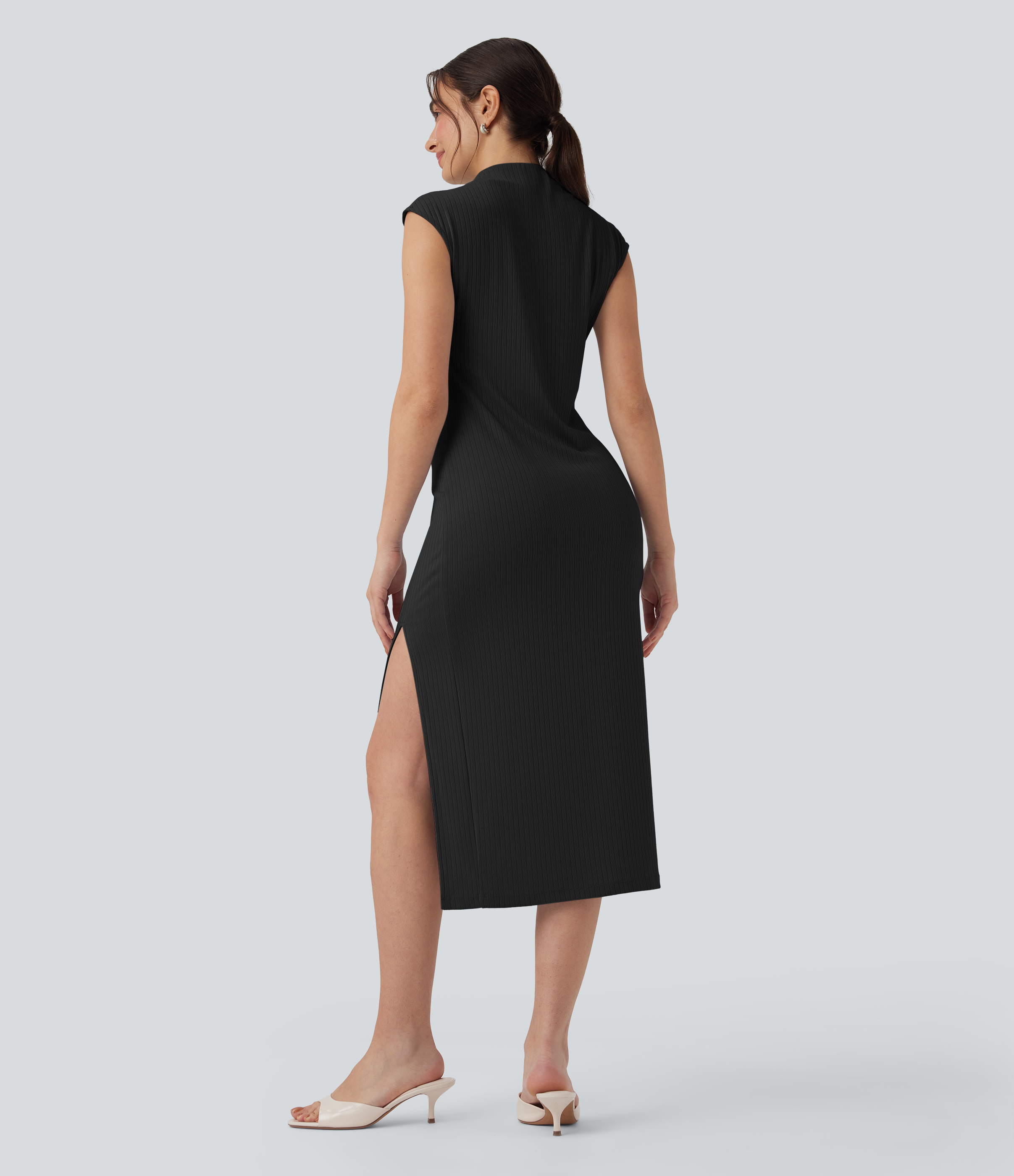Negro Vestido casual ajustado midi de punto acanalado con cuello alto y manga corta / 2