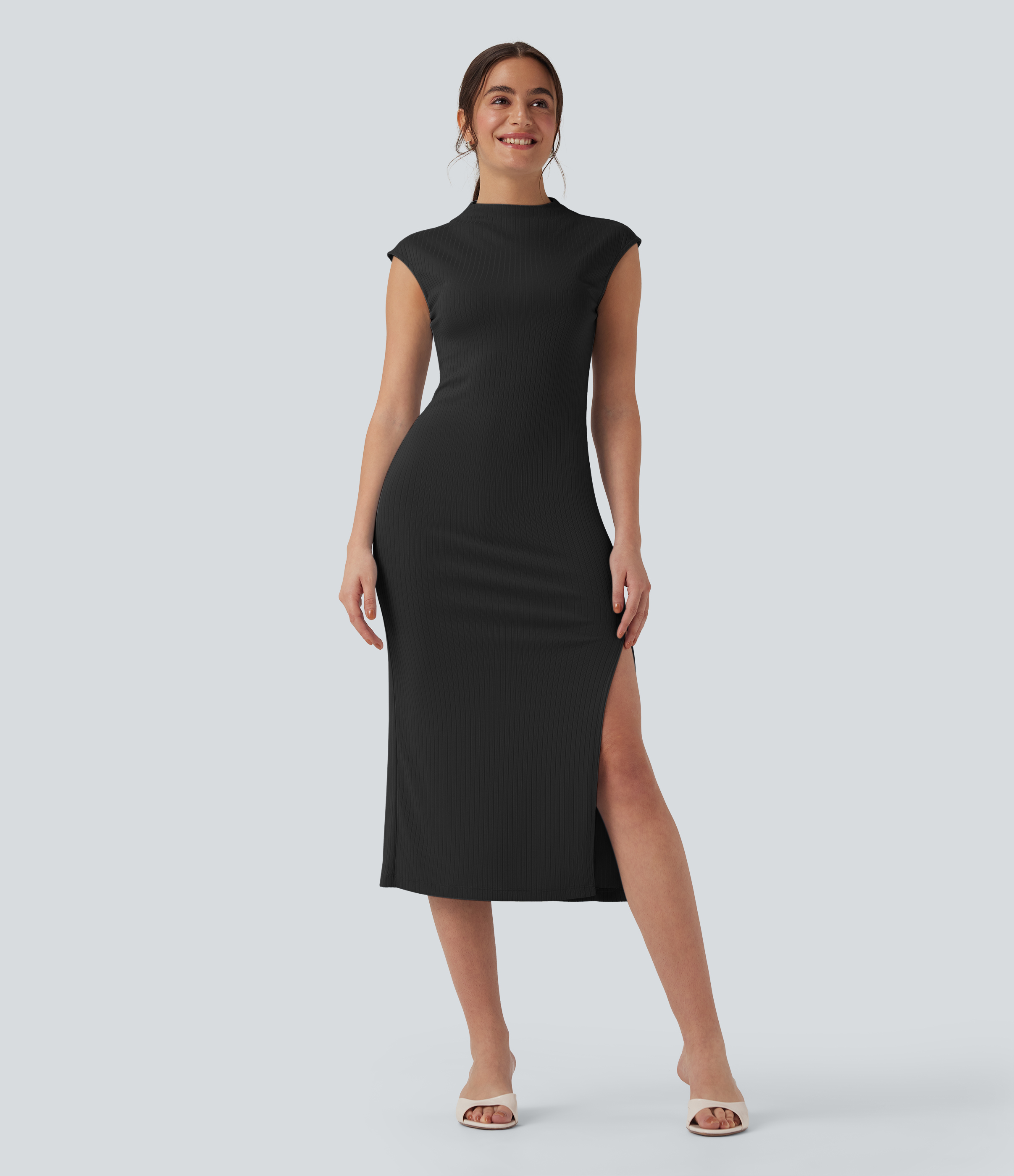 Negro Vestido casual ajustado midi de punto acanalado con cuello alto y manga corta / 1