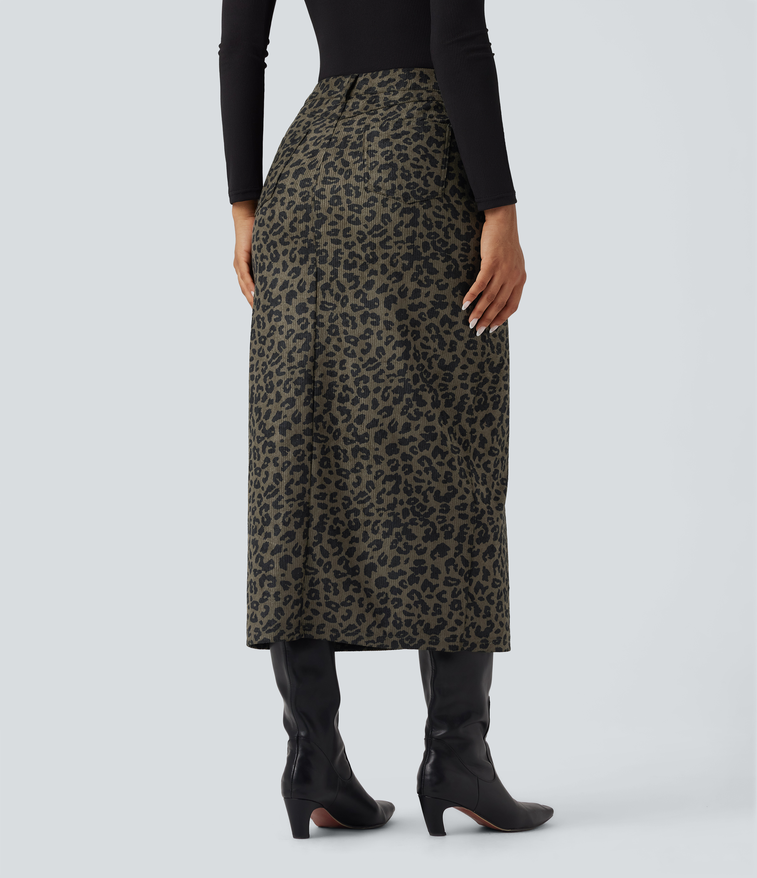 Olive Leopard Midi-Freizeitrock mit mittelhohem Bund, mehreren Taschen und Leopardenmuster / 2