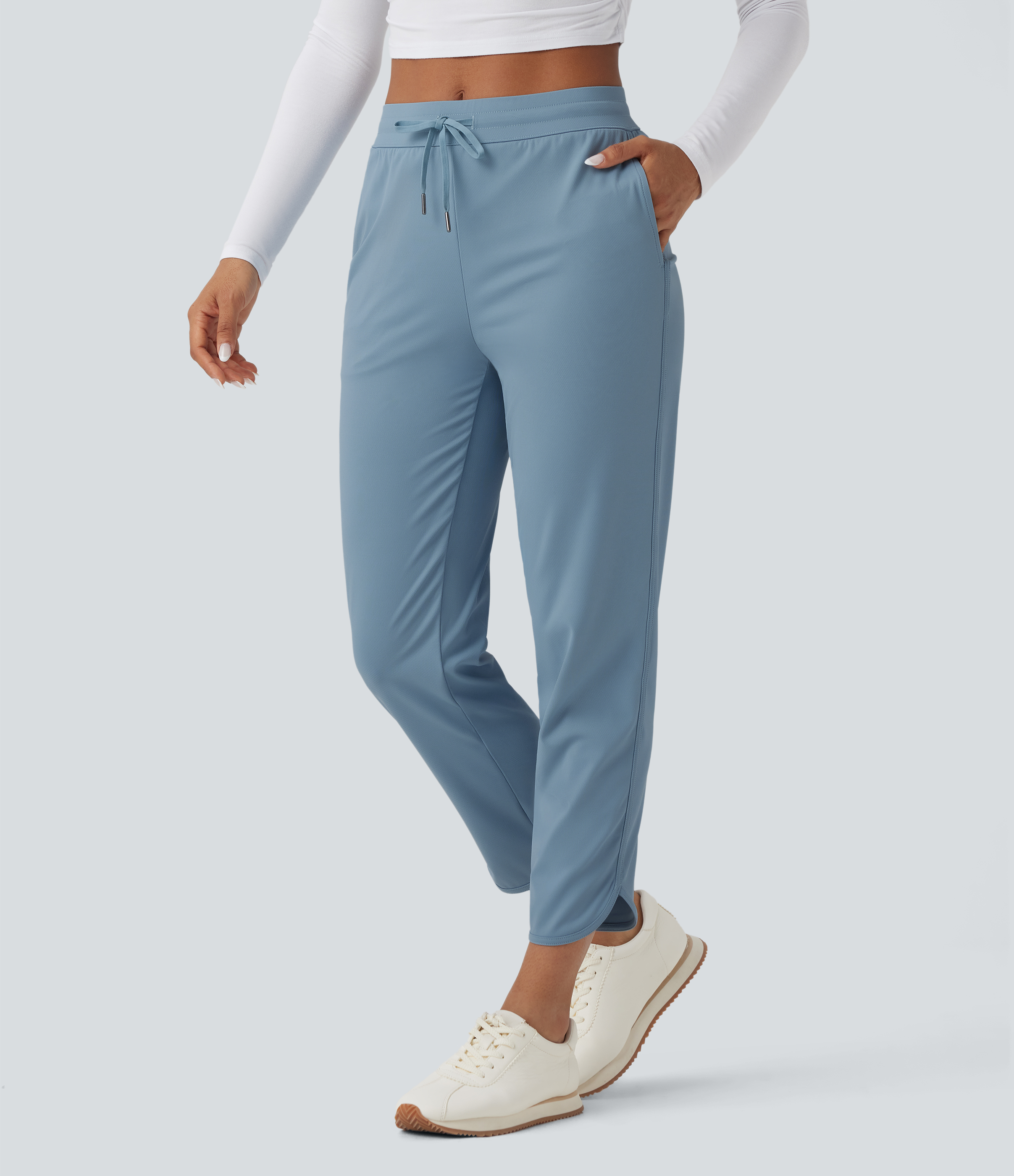 Mid Rise Drawstring Curved Hem Quick Dry Golf Tapered Pants with Pockets-UPF40+