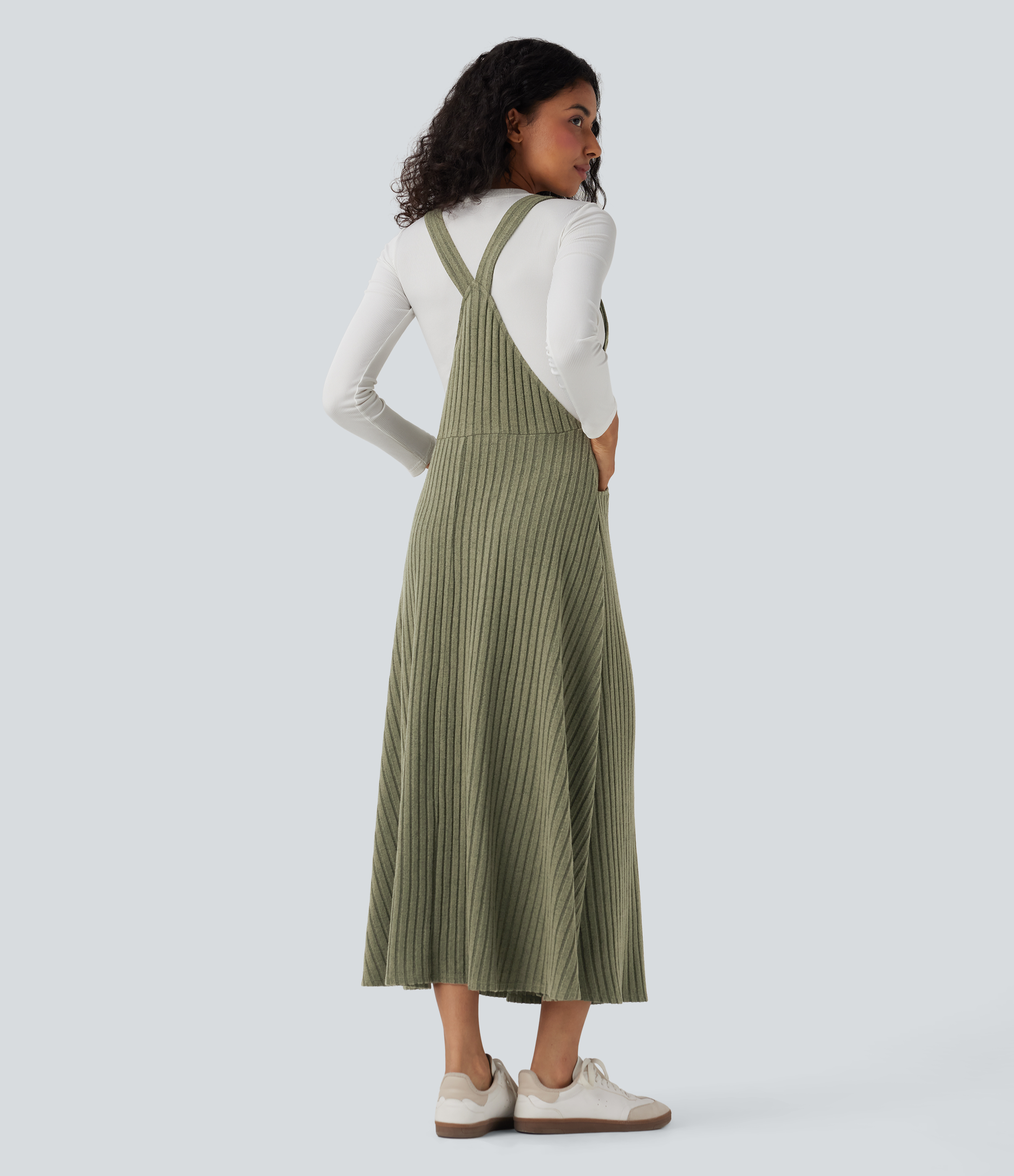Moss Green Floral Velvet Vestido estilo pichi casual de punto acanalado con bolsillos / 2